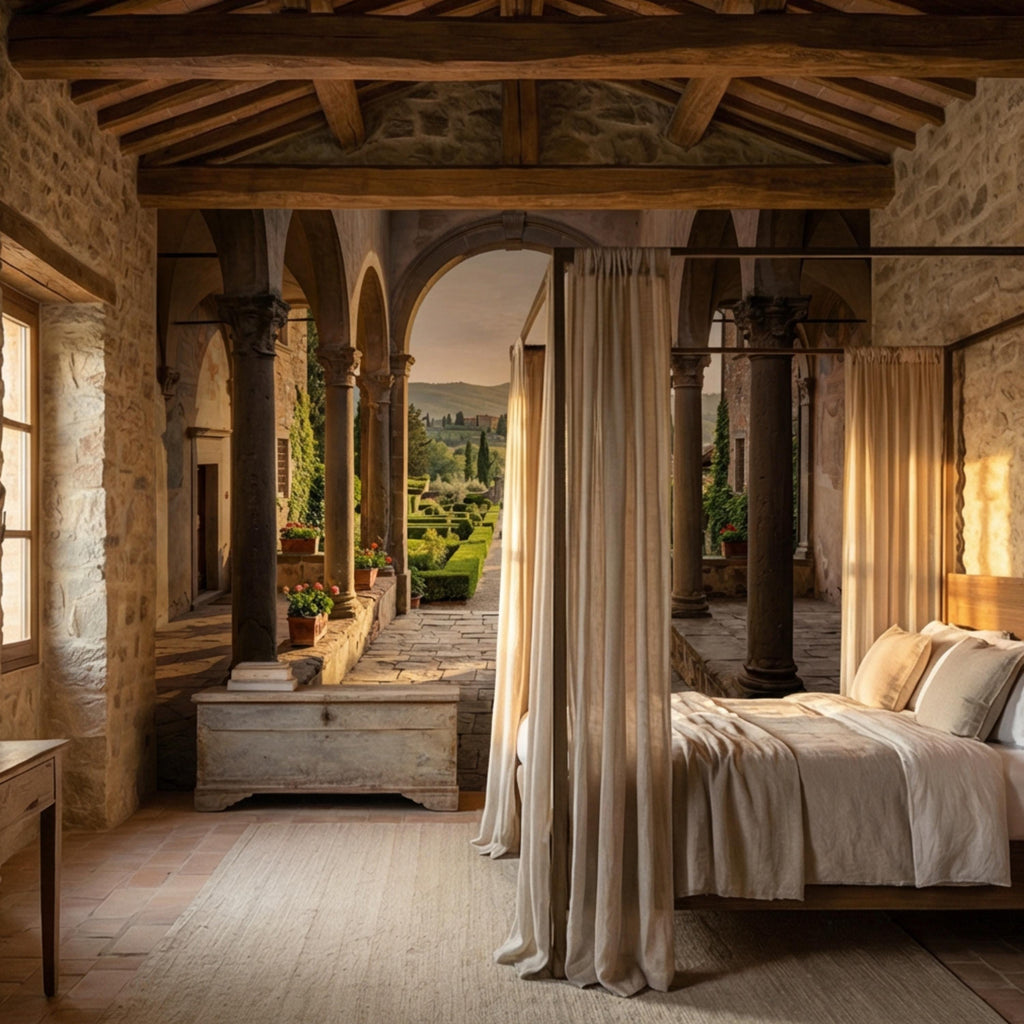 Tuscan Archway Garden View Panoramic Peel and Stick Wall Mural, Italian Villa Landscape Wallpaper