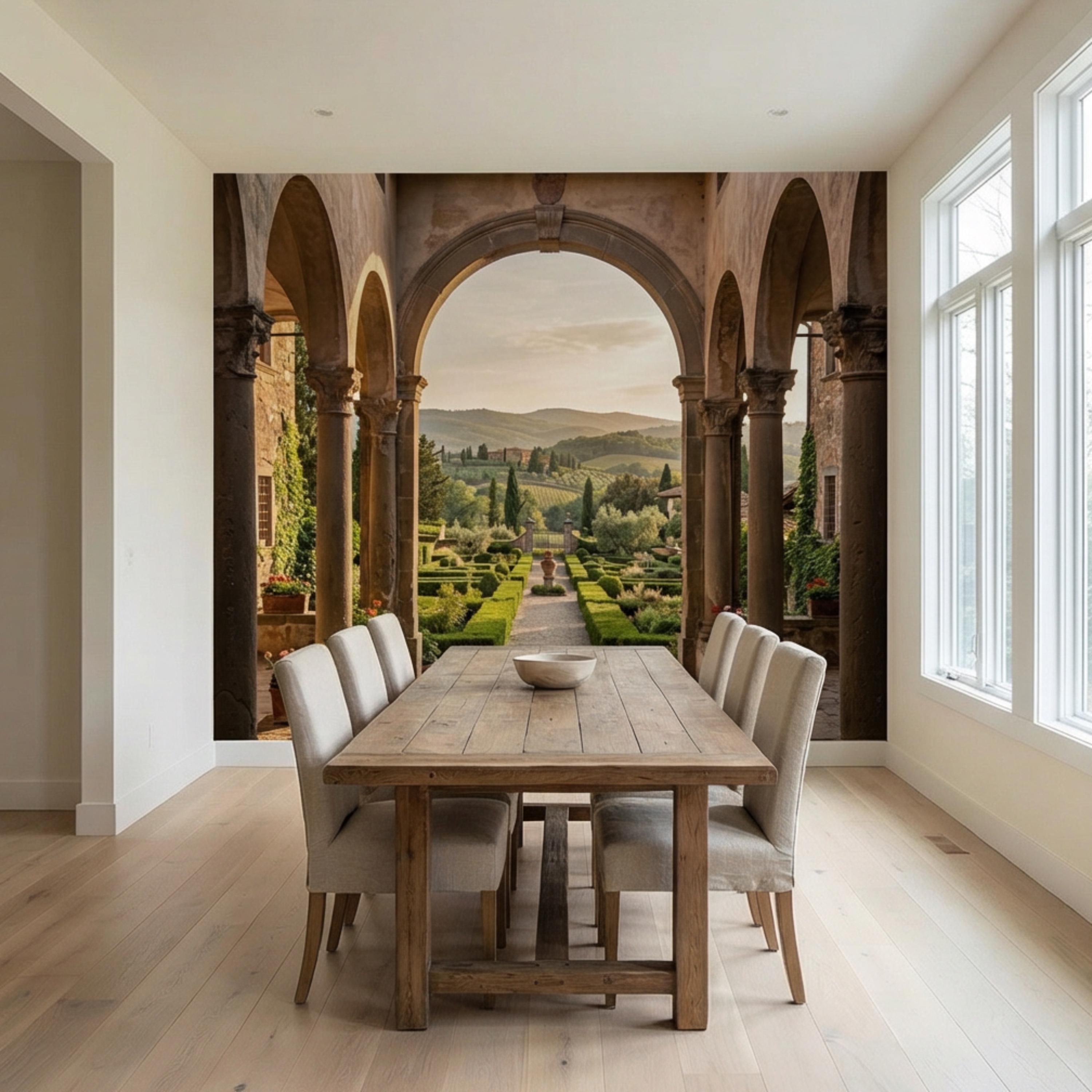 Tuscan Archway Garden View Panoramic Peel and Stick Wall Mural, Italian Villa Landscape Wallpaper