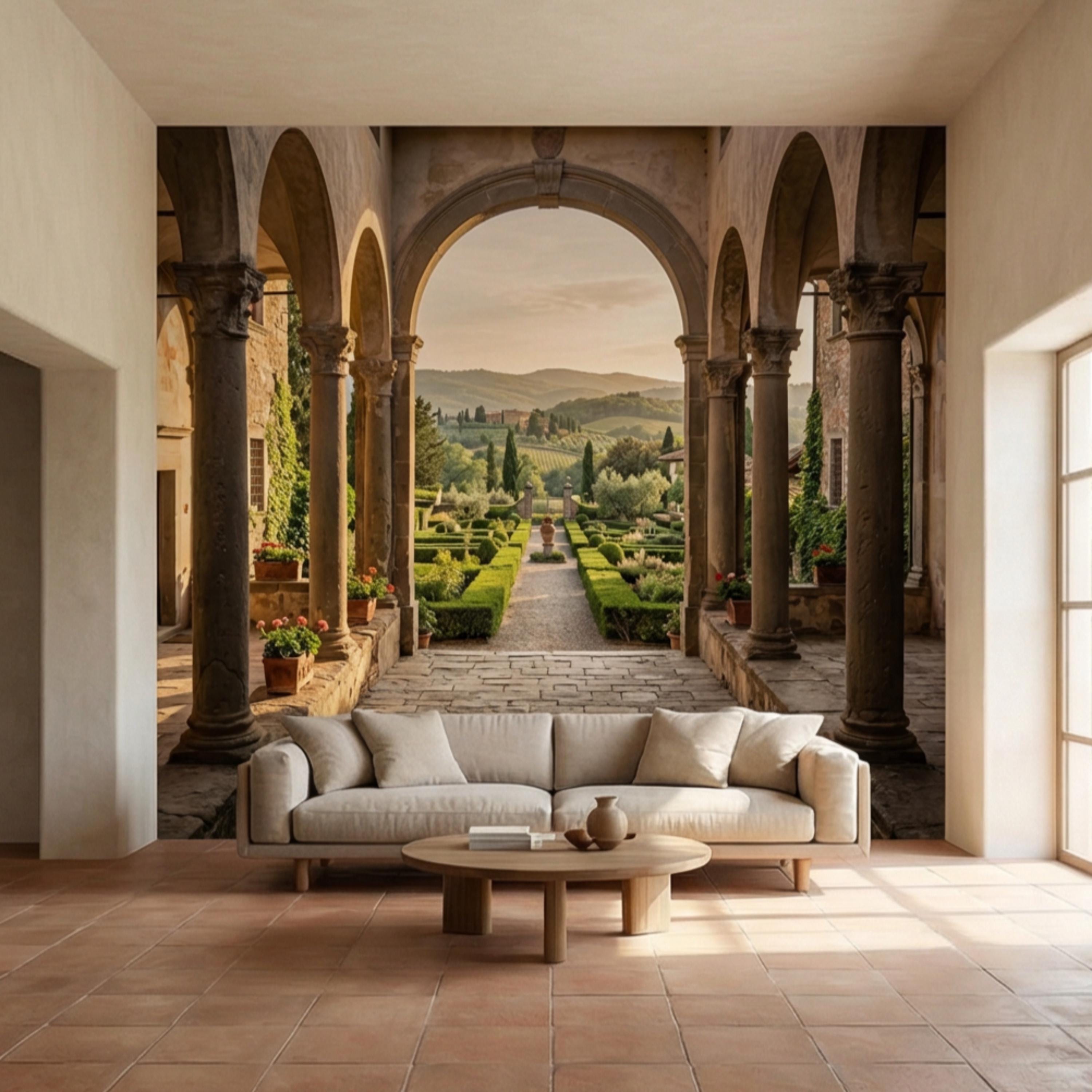 Tuscan Archway Garden View Panoramic Peel and Stick Wall Mural, Italian Villa Landscape Wallpaper