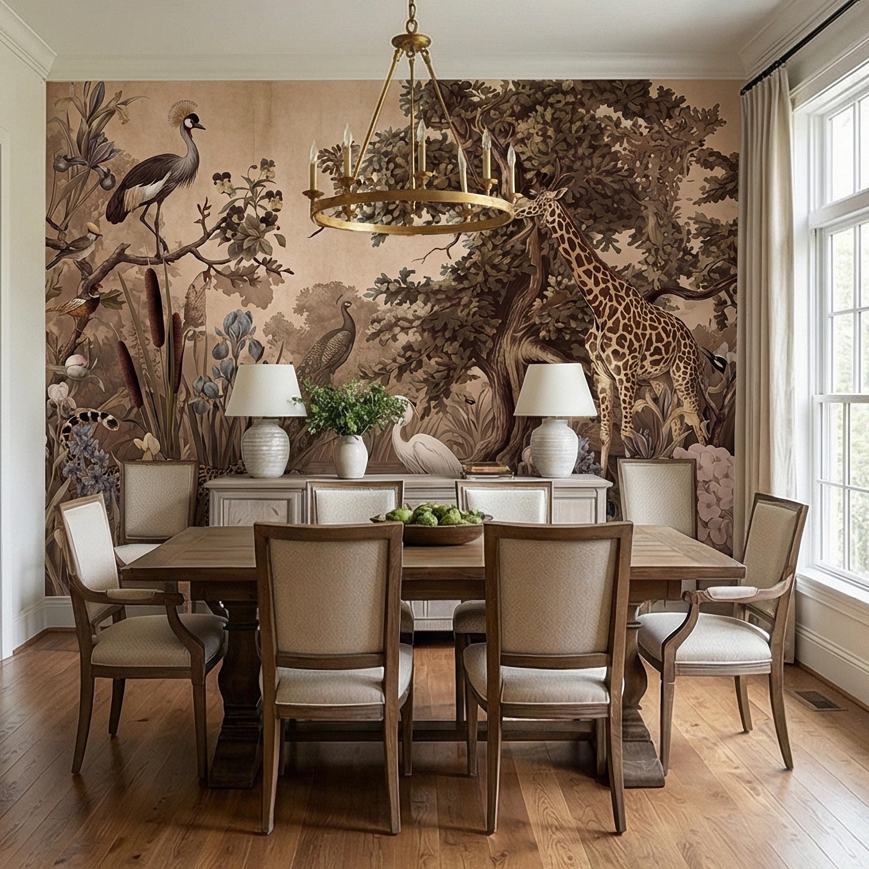 Vintage Safari Peel and Stick Wall Mural, Neutral Exotic Wildlife Botanical, Antique Nature Wallpaper