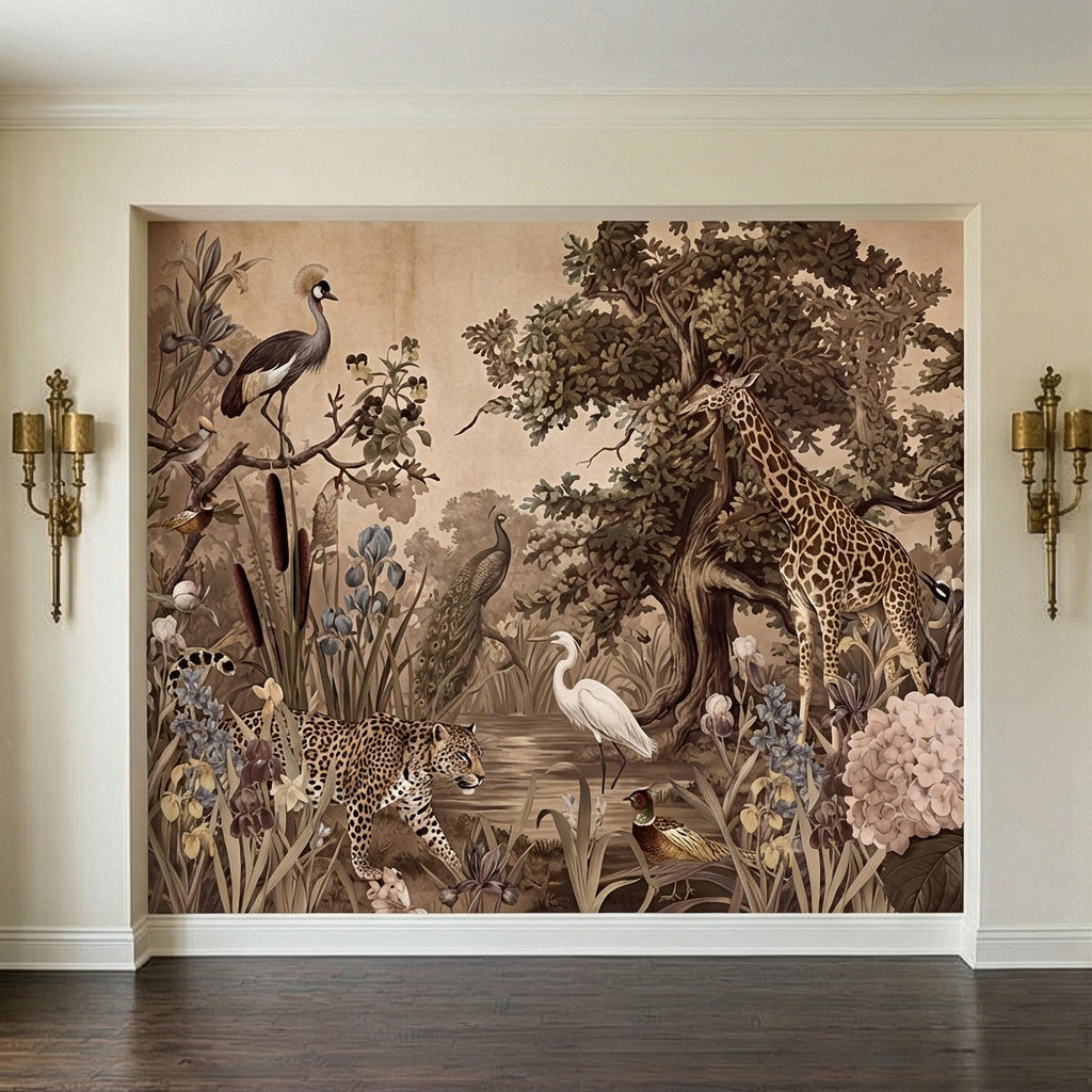 Vintage Safari Peel and Stick Wall Mural, Neutral Exotic Wildlife Botanical, Antique Nature Wallpaper