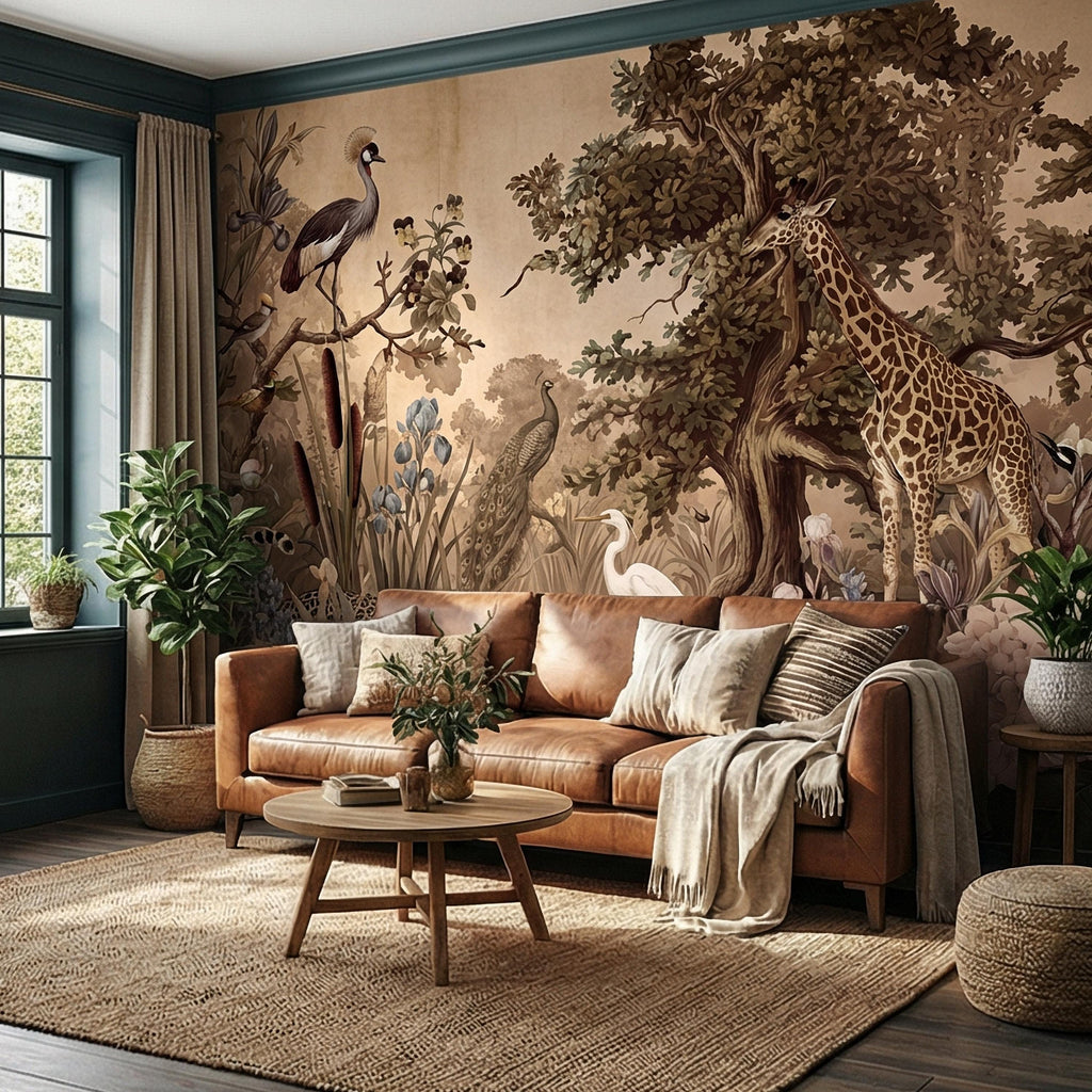 Vintage Safari Peel and Stick Wall Mural, Neutral Exotic Wildlife Botanical, Antique Nature Wallpaper