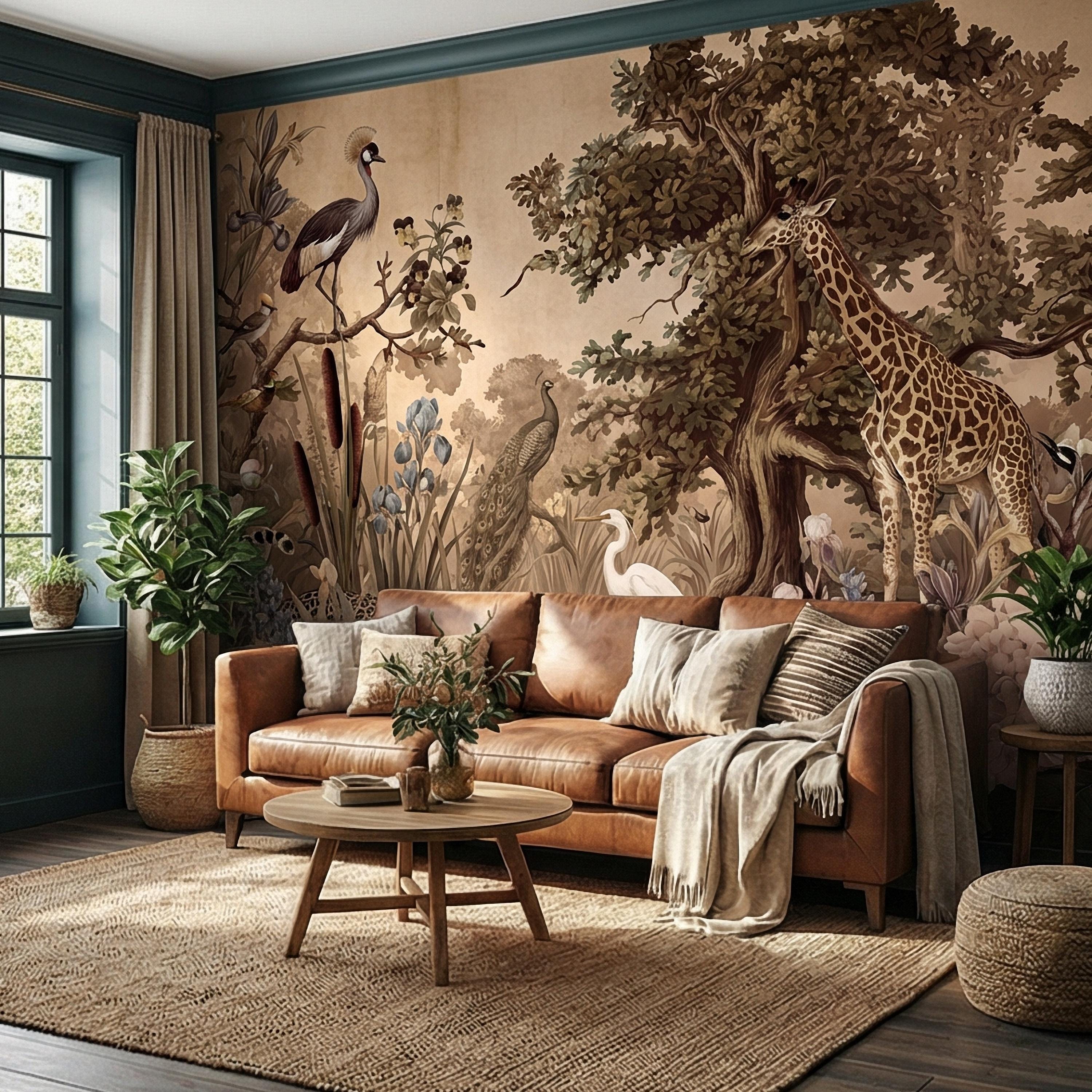 Vintage Safari Peel and Stick Wall Mural, Neutral Exotic Wildlife Botanical, Antique Nature Wallpaper
