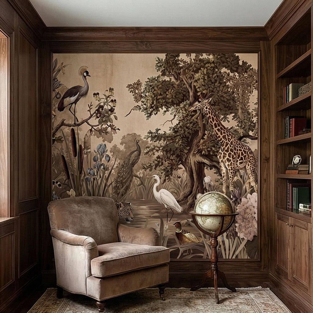 Vintage Safari Peel and Stick Wall Mural, Neutral Exotic Wildlife Botanical, Antique Nature Wallpaper