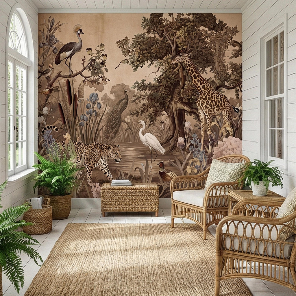 Vintage Safari Peel and Stick Wall Mural, Neutral Exotic Wildlife Botanical, Antique Nature Wallpaper