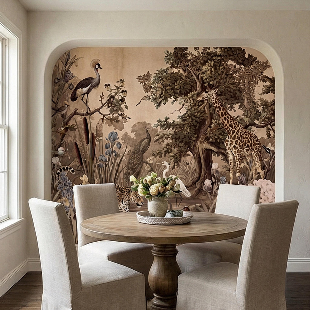 Vintage Safari Peel and Stick Wall Mural, Neutral Exotic Wildlife Botanical, Antique Nature Wallpaper