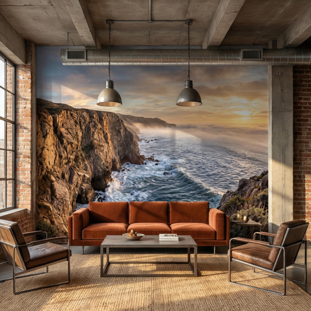 Coastal Cliff Ocean Sunrise Panoramic Peel and Stick Wall Mural, Dramatic Seascape Landscape Wallpaper