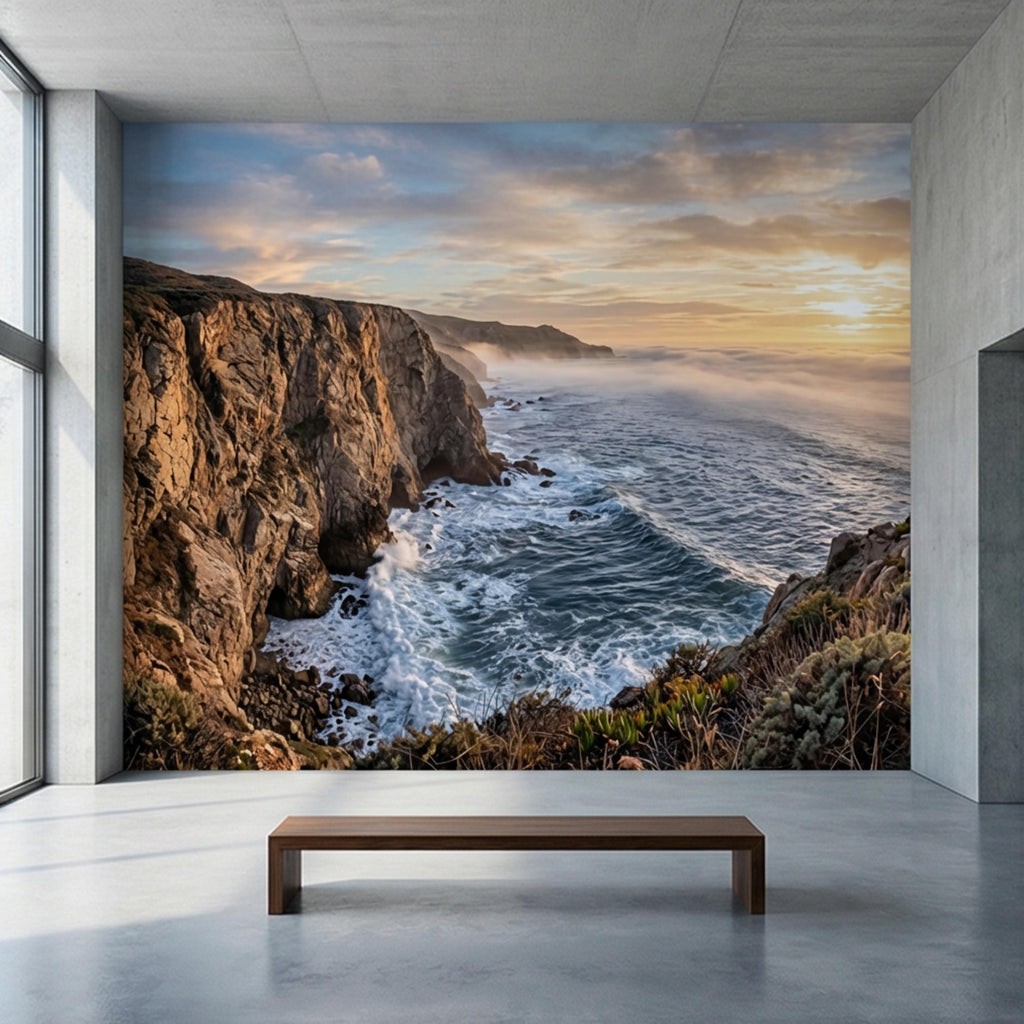 Coastal Cliff Ocean Sunrise Panoramic Peel and Stick Wall Mural, Dramatic Seascape Landscape Wallpaper