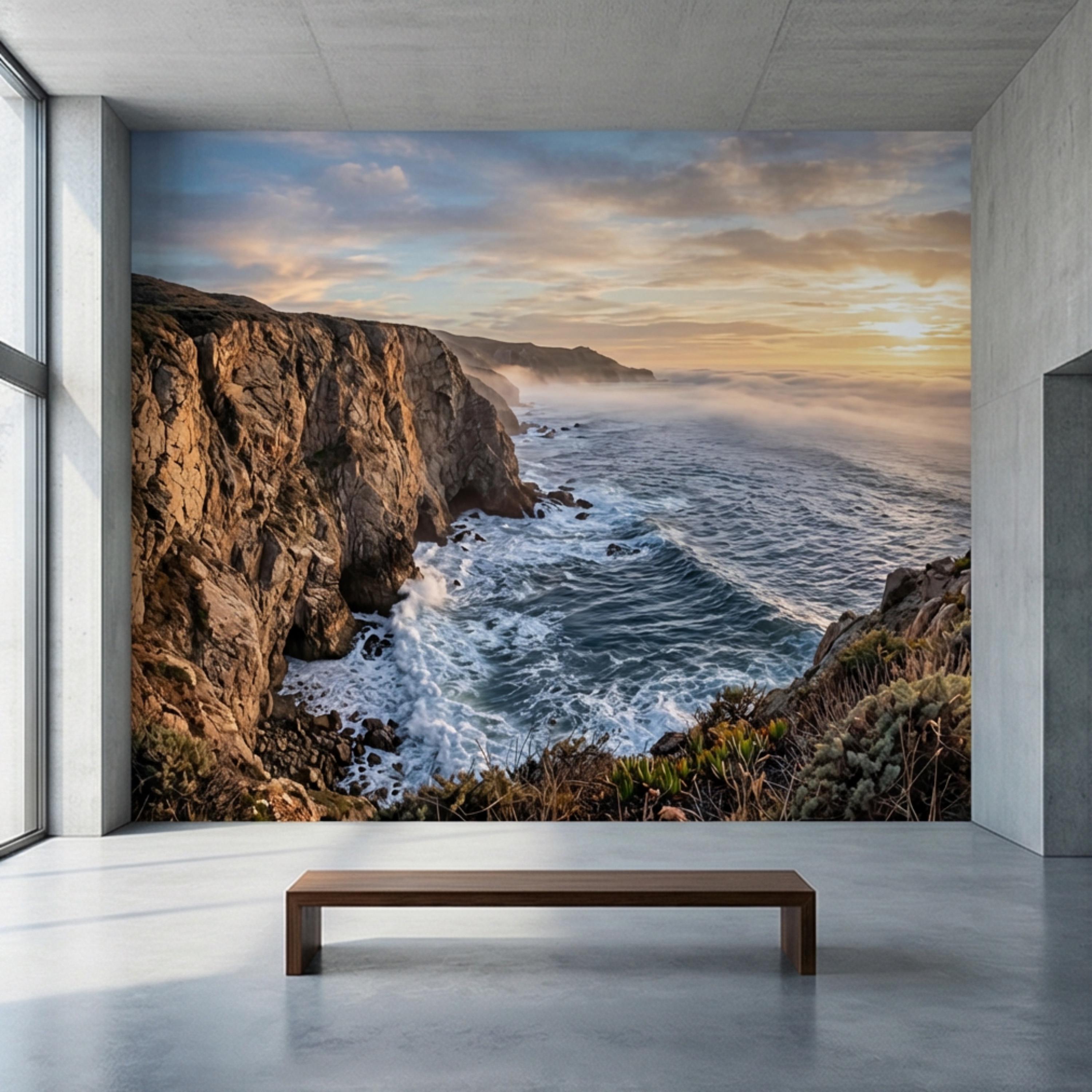 Coastal Cliff Ocean Sunrise Panoramic Peel and Stick Wall Mural, Dramatic Seascape Landscape Wallpaper