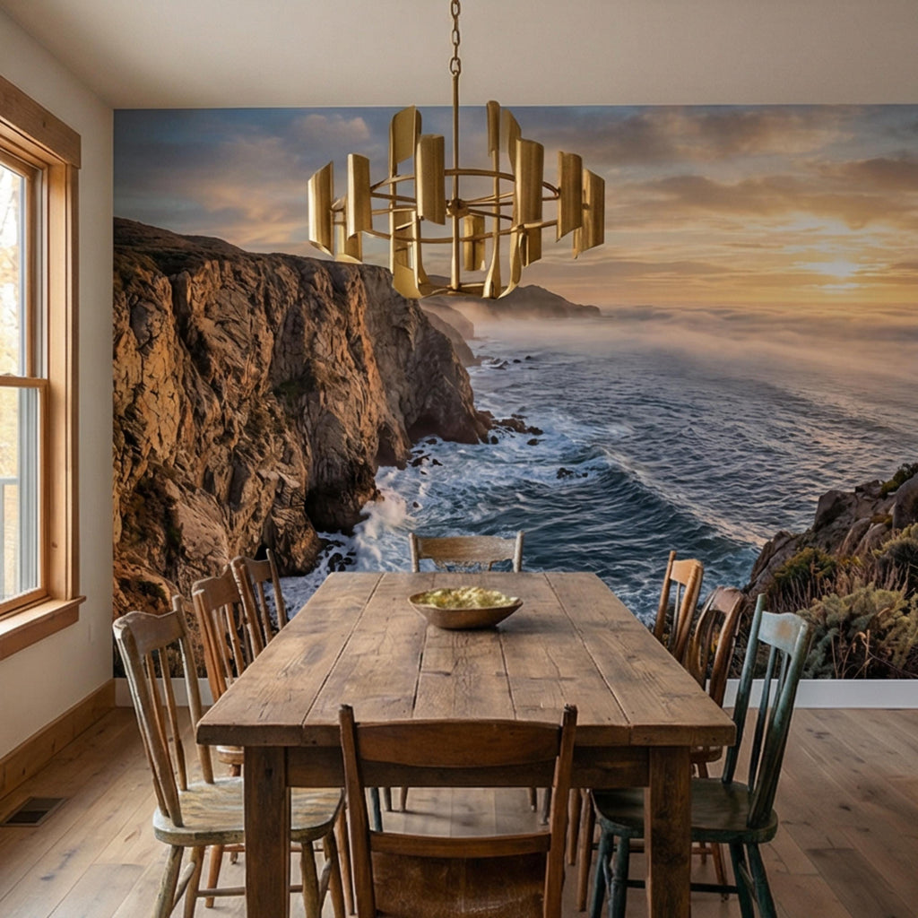 Coastal Cliff Ocean Sunrise Panoramic Peel and Stick Wall Mural, Dramatic Seascape Landscape Wallpaper