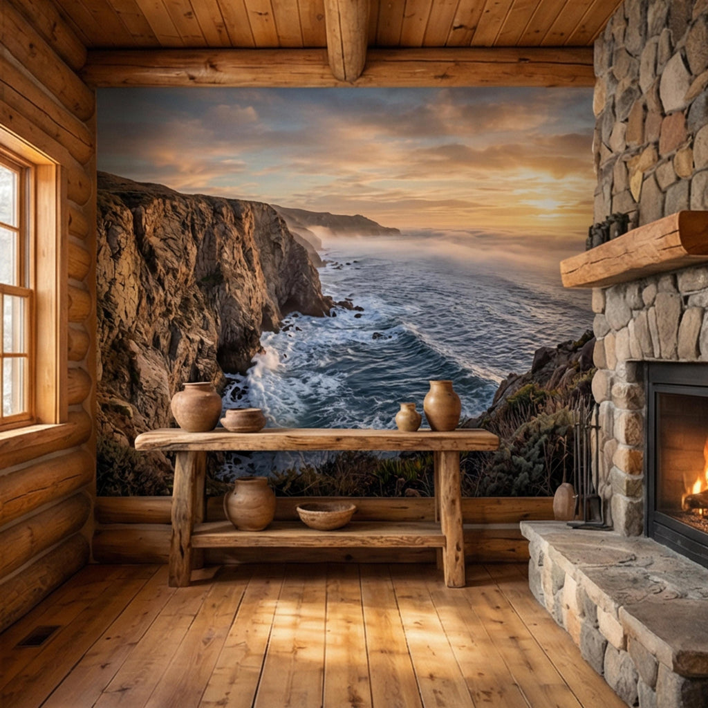 Coastal Cliff Ocean Sunrise Panoramic Peel and Stick Wall Mural, Dramatic Seascape Landscape Wallpaper