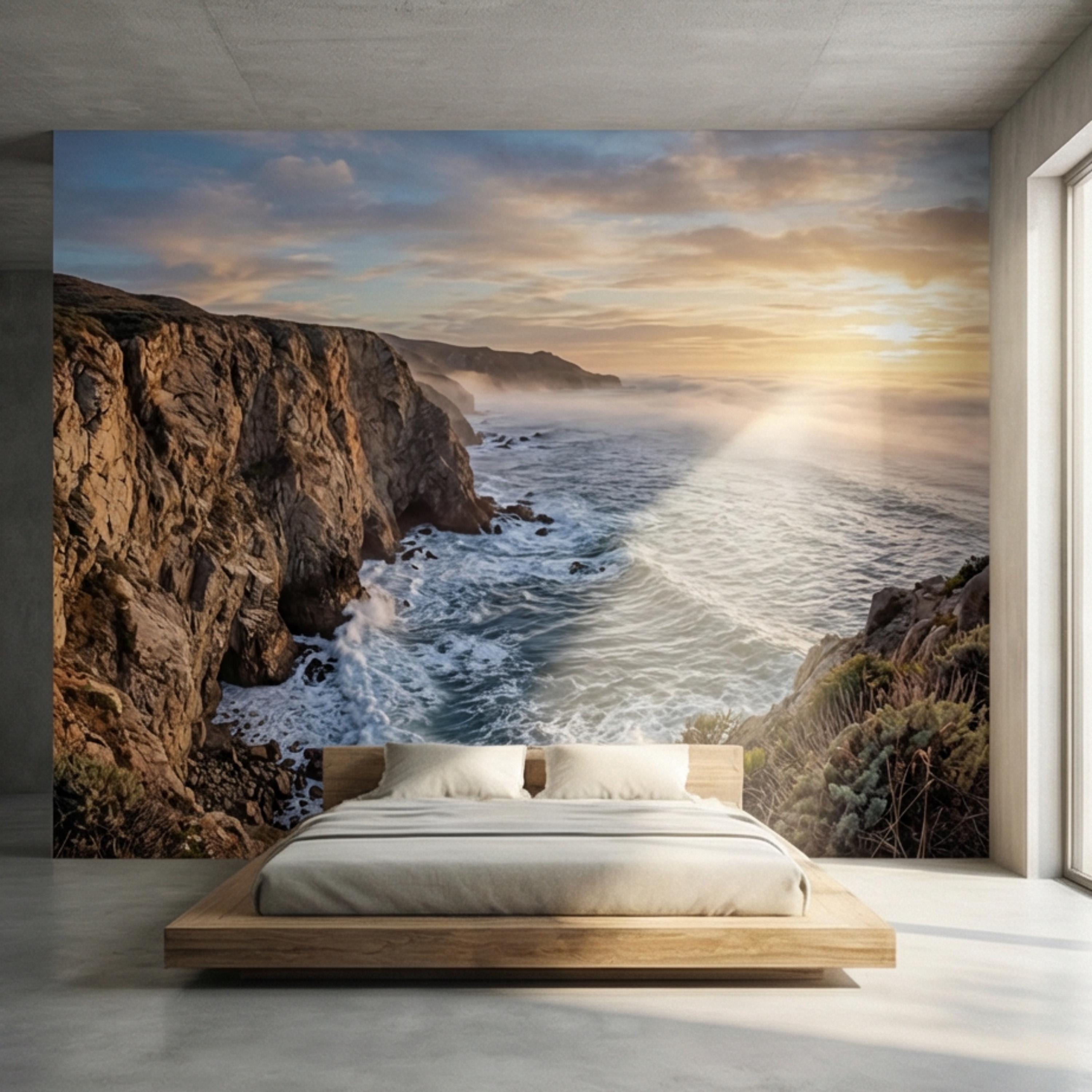 Coastal Cliff Ocean Sunrise Panoramic Peel and Stick Wall Mural, Dramatic Seascape Landscape Wallpaper