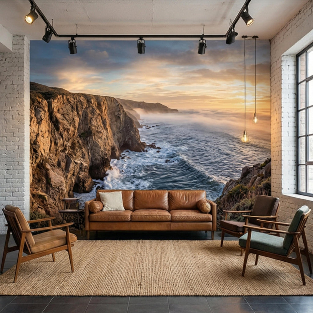 Coastal Cliff Ocean Sunrise Panoramic Peel and Stick Wall Mural, Dramatic Seascape Landscape Wallpaper