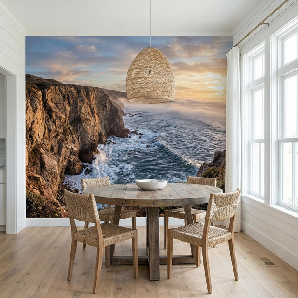 Coastal Cliff Ocean Sunrise Panoramic Peel and Stick Wall Mural, Dramatic Seascape Landscape Wallpaper
