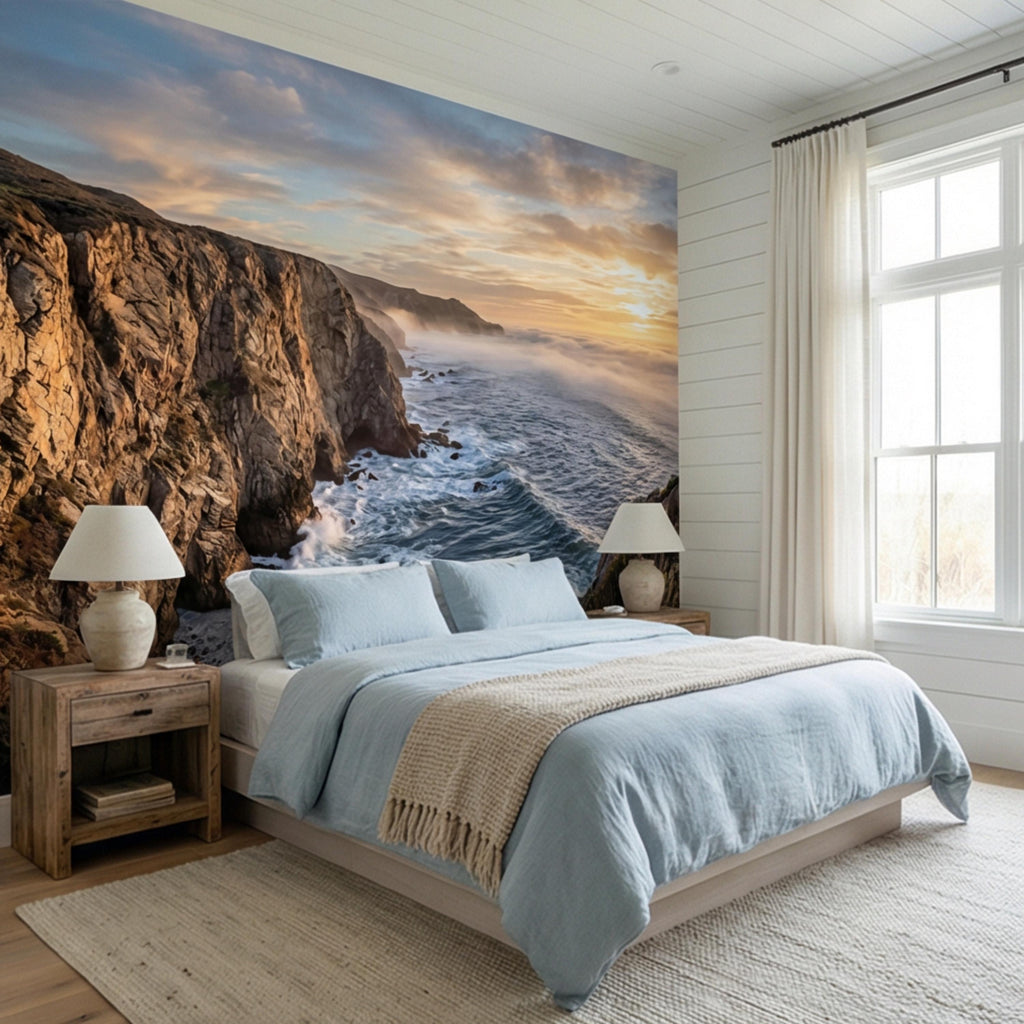 Coastal Cliff Ocean Sunrise Panoramic Peel and Stick Wall Mural, Dramatic Seascape Landscape Wallpaper