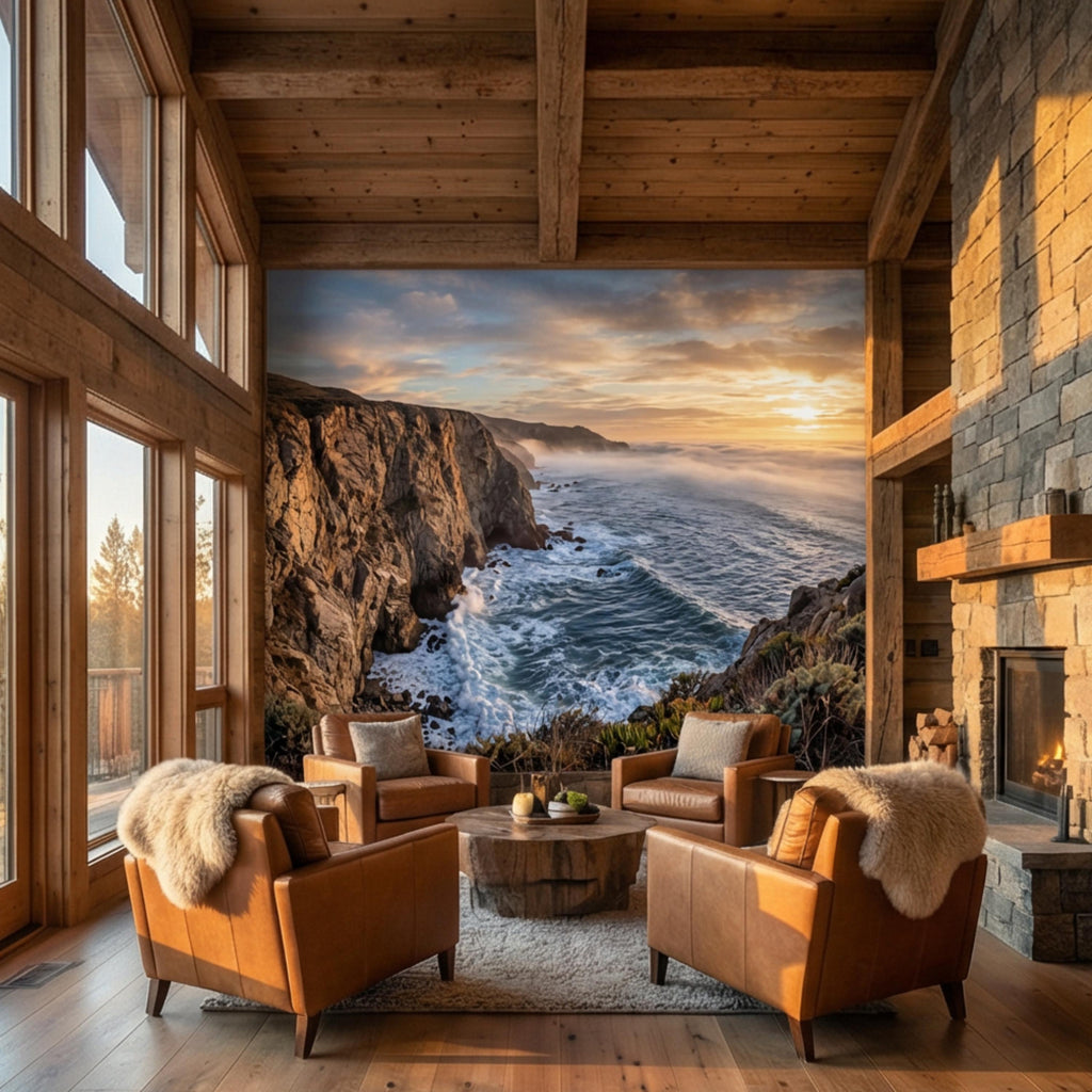 Coastal Cliff Ocean Sunrise Panoramic Peel and Stick Wall Mural, Dramatic Seascape Landscape Wallpaper