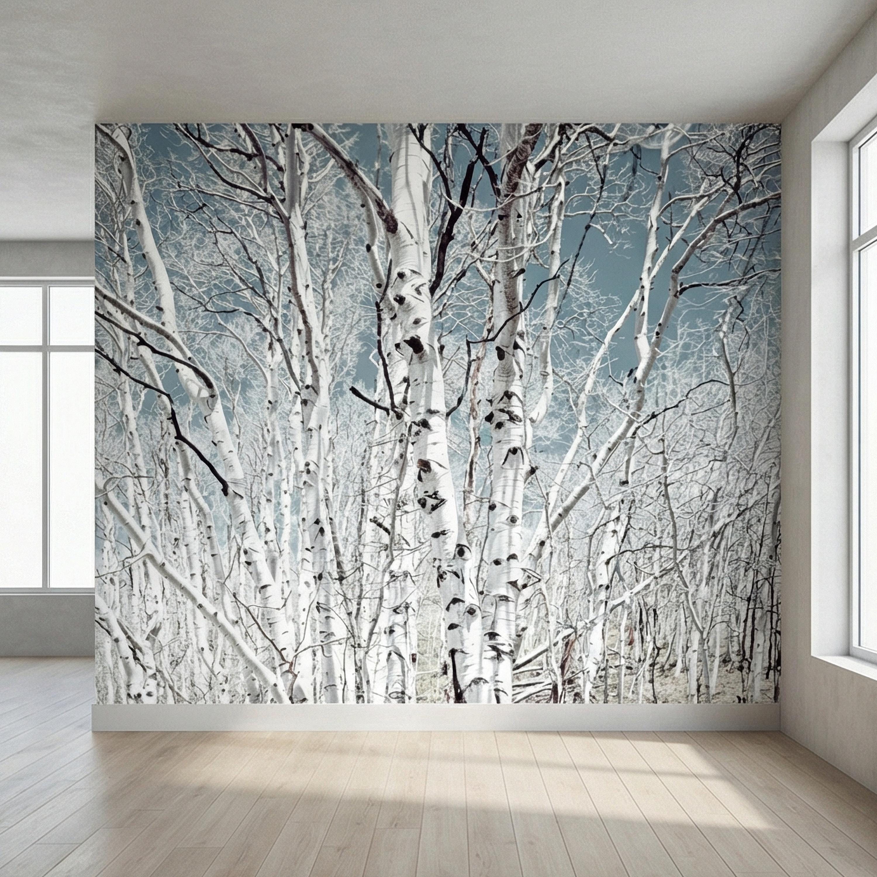 Birch Forest Peel and Stick Wall Mural, White Aspen Trees, Neutral Woodland Scenic, Serene Nature Wallpaper
