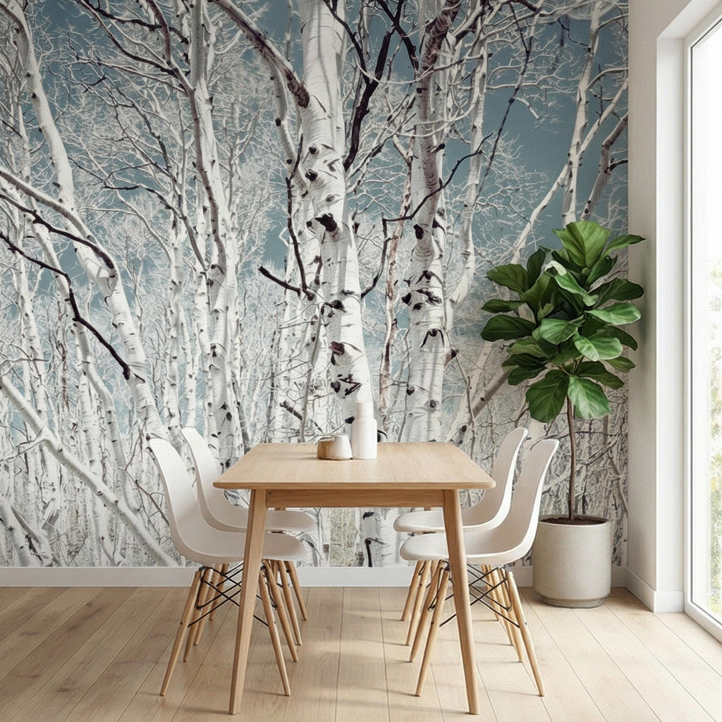 Birch Forest Peel and Stick Wall Mural, White Aspen Trees, Neutral Woodland Scenic, Serene Nature Wallpaper