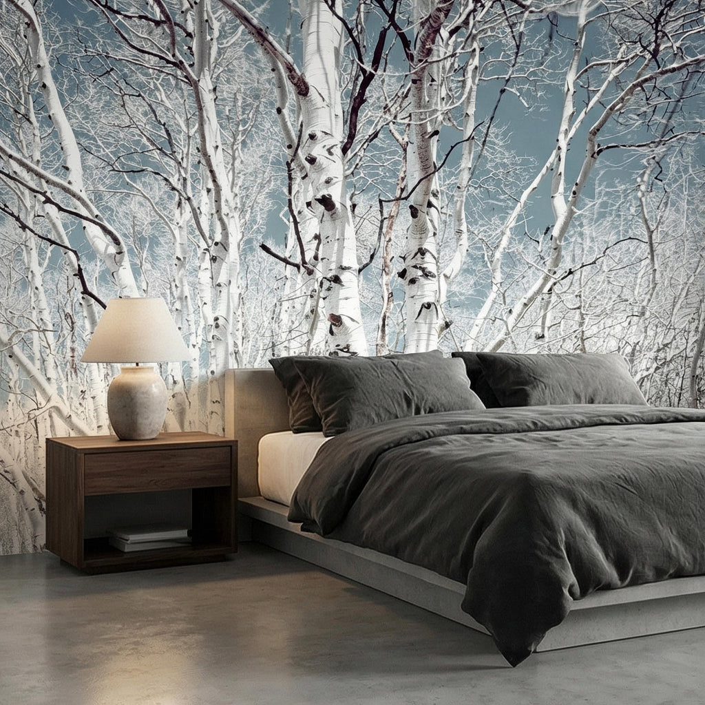 Birch Forest Peel and Stick Wall Mural, White Aspen Trees, Neutral Woodland Scenic, Serene Nature Wallpaper
