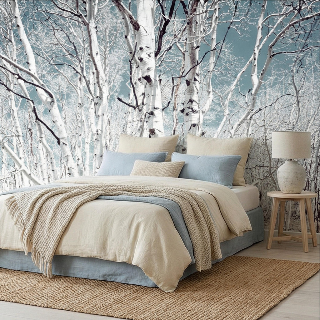 Birch Forest Peel and Stick Wall Mural, White Aspen Trees, Neutral Woodland Scenic, Serene Nature Wallpaper