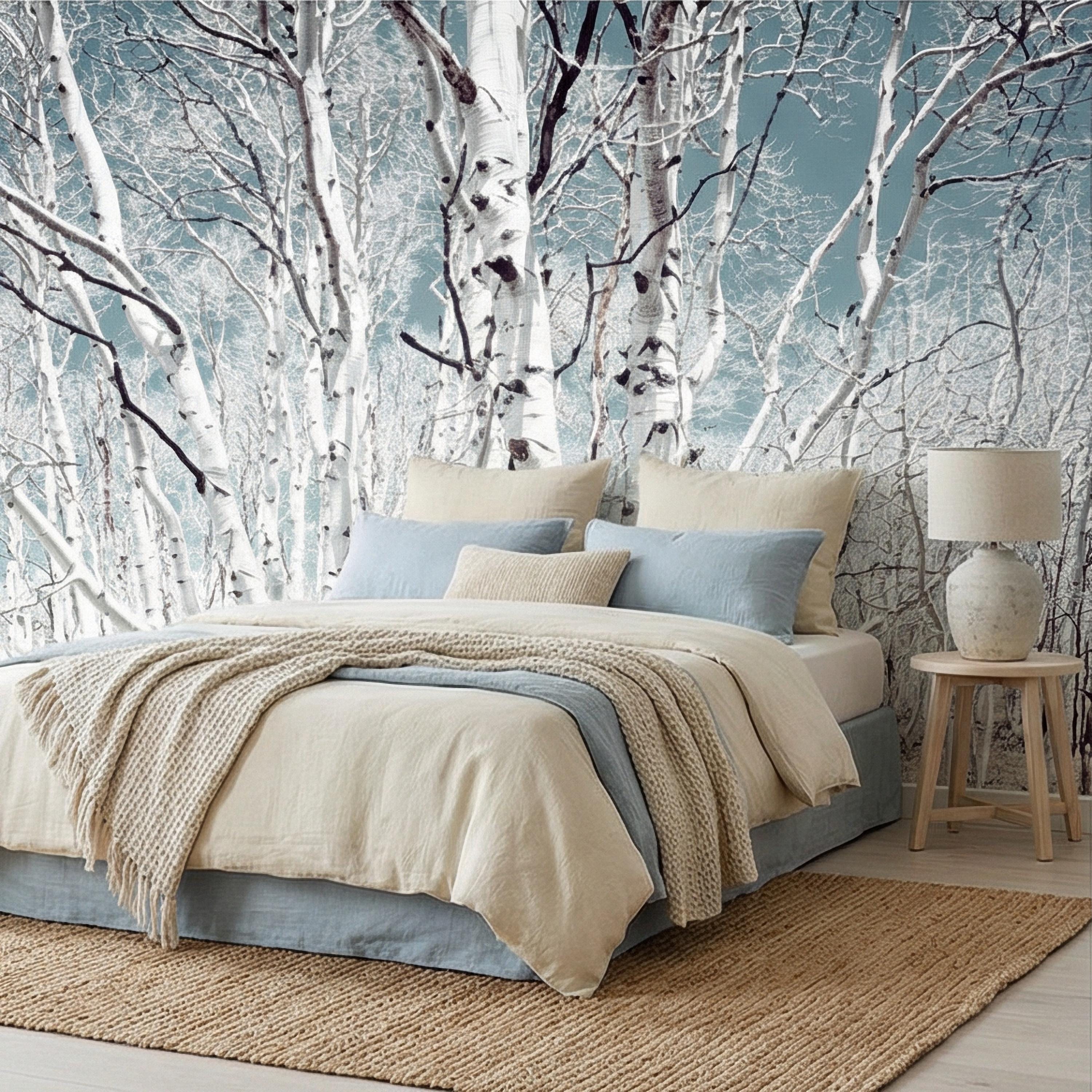 Birch Forest Peel and Stick Wall Mural, White Aspen Trees, Neutral Woodland Scenic, Serene Nature Wallpaper
