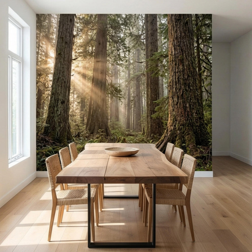 Redwood Forest Sun Rays Peel and Stick Wall Mural, Misty Woodland Nature Wallpaper