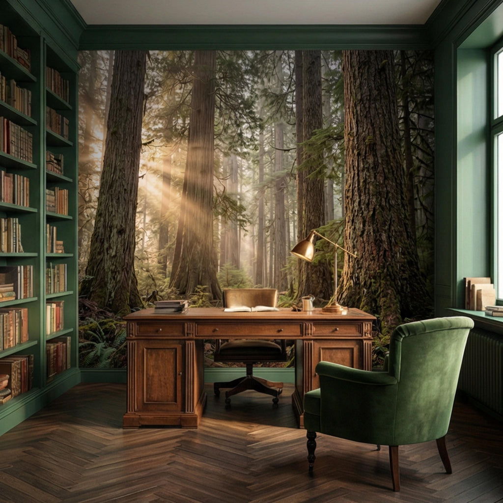 Redwood Forest Sun Rays Peel and Stick Wall Mural, Misty Woodland Nature Wallpaper