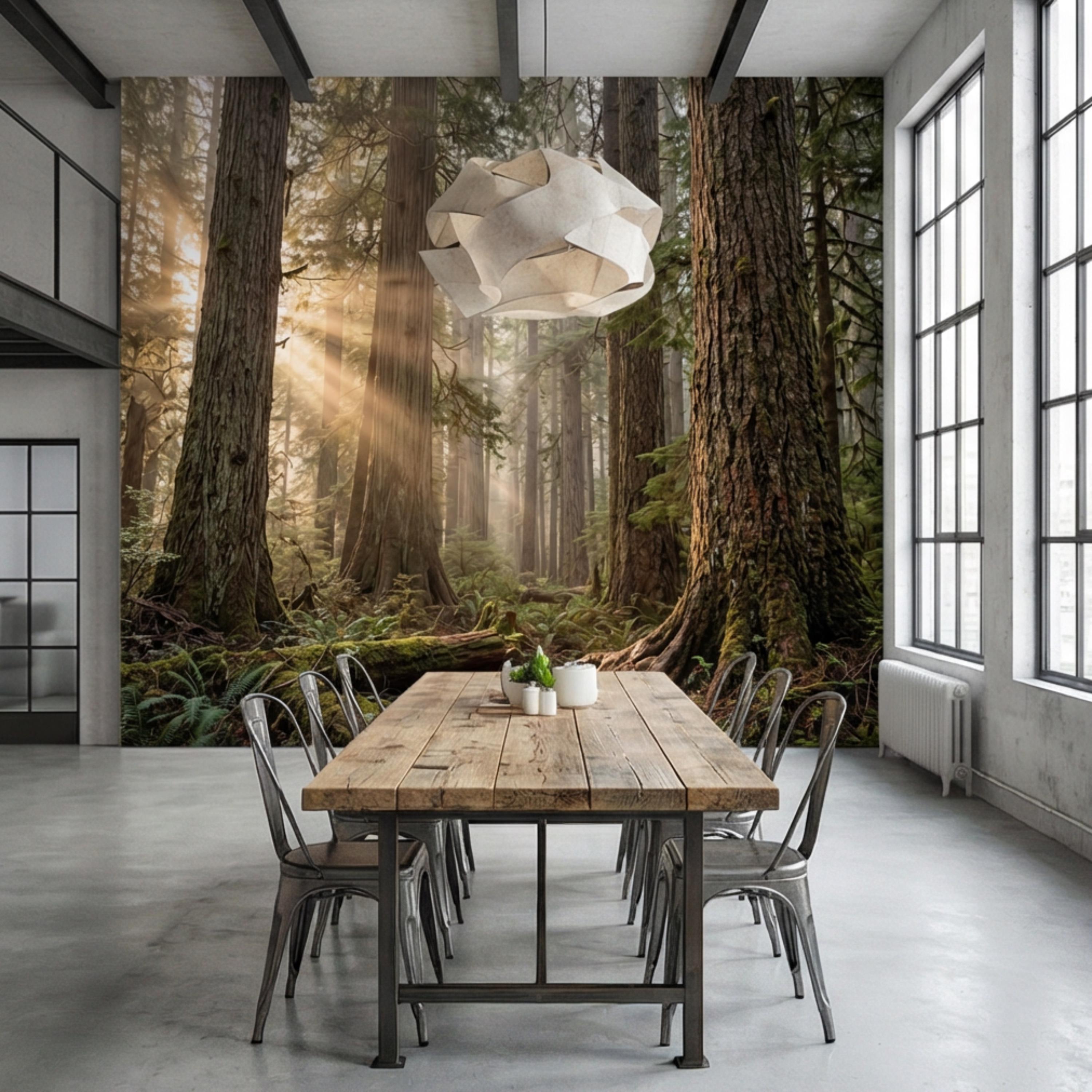 Redwood Forest Sun Rays Peel and Stick Wall Mural, Misty Woodland Nature Wallpaper