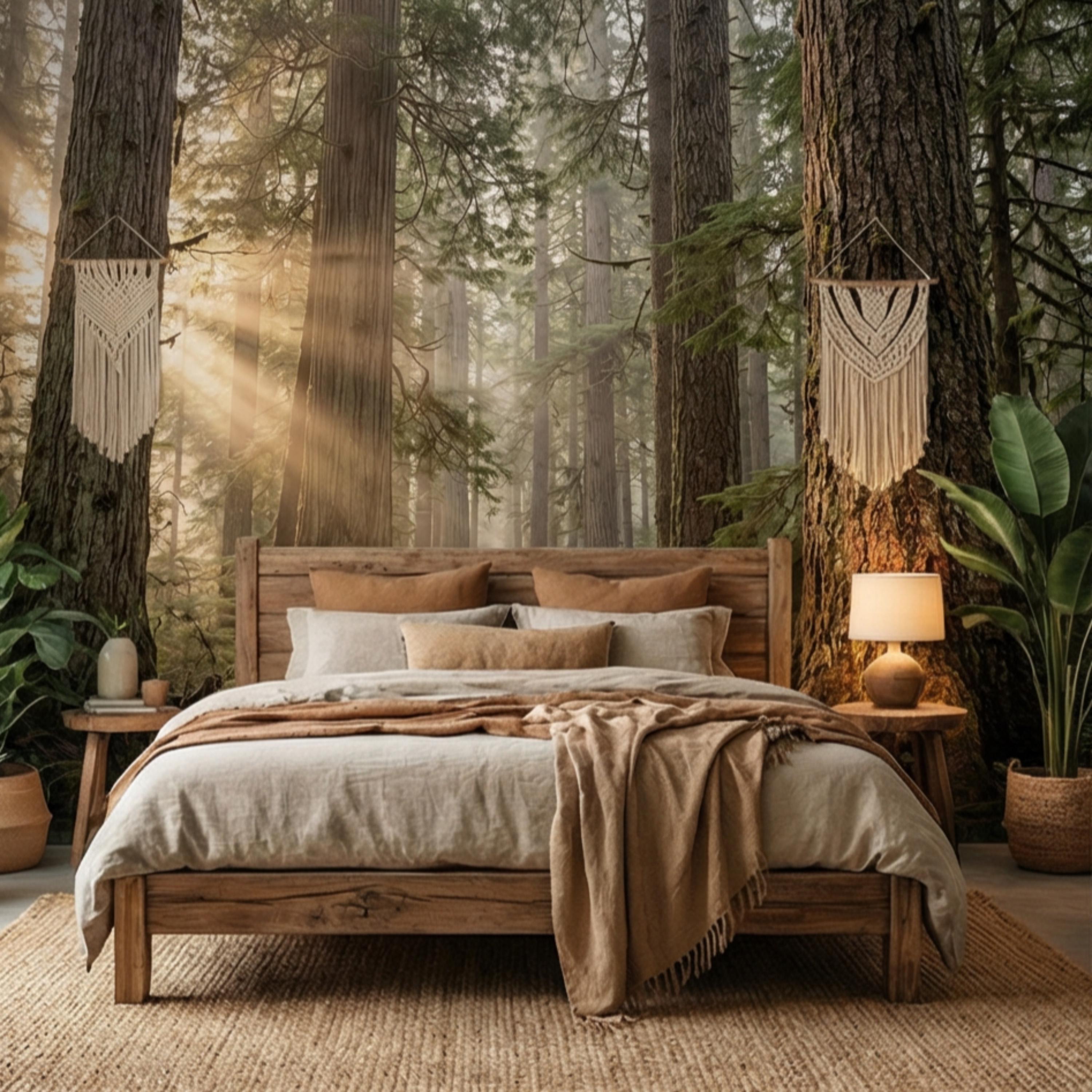 Redwood Forest Sun Rays Peel and Stick Wall Mural, Misty Woodland Nature Wallpaper