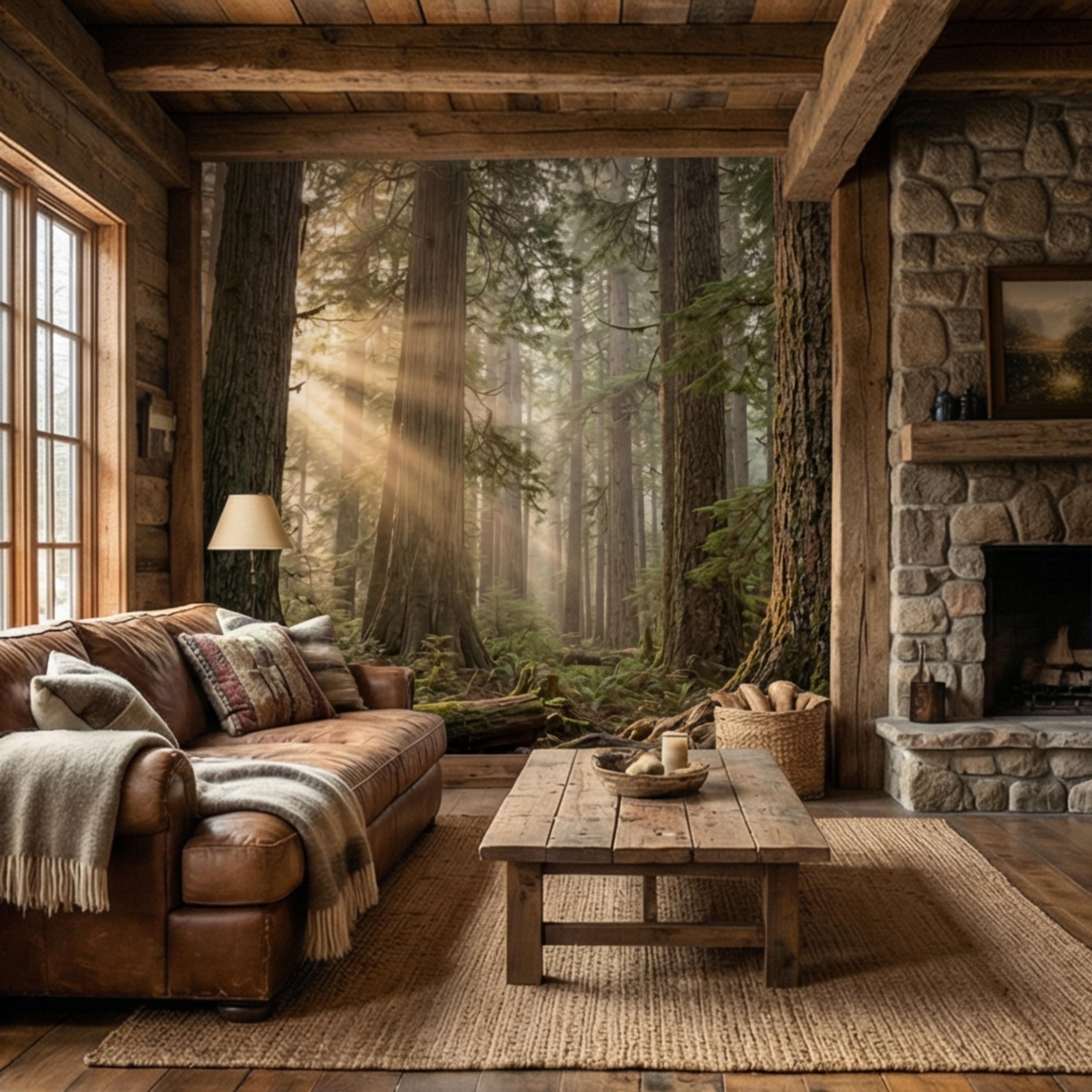 Redwood Forest Sun Rays Peel and Stick Wall Mural, Misty Woodland Nature Wallpaper