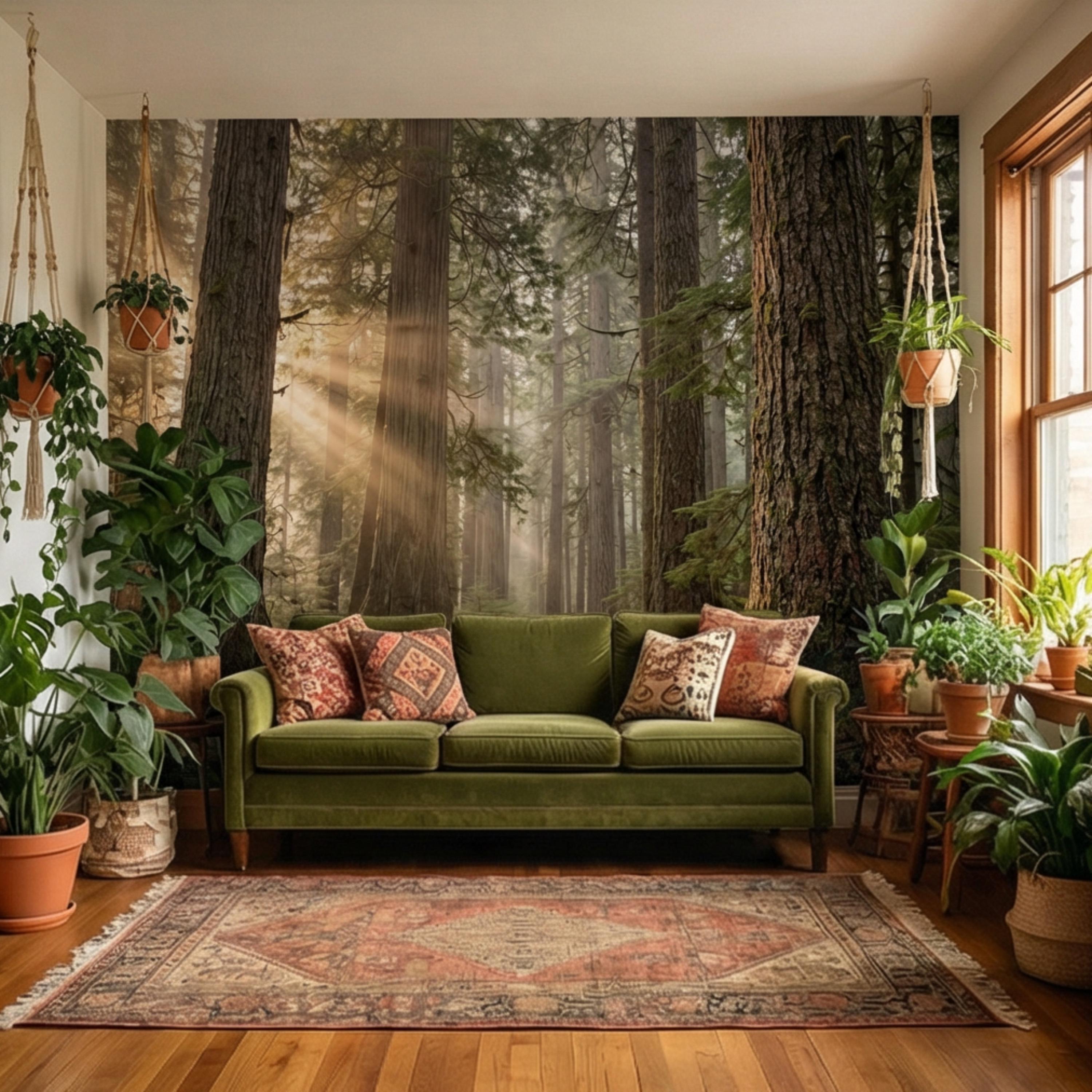 Redwood Forest Sun Rays Peel and Stick Wall Mural, Misty Woodland Nature Wallpaper