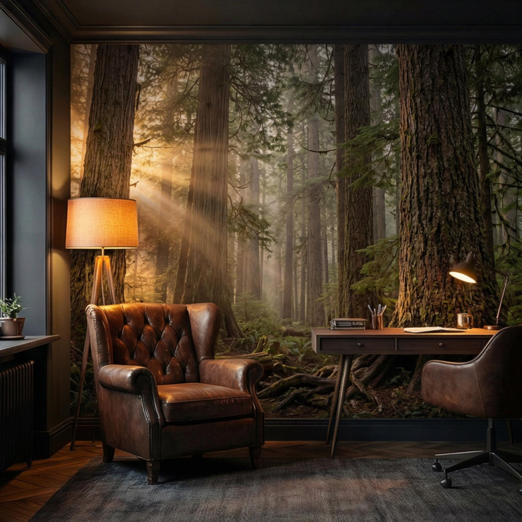 Redwood Forest Sun Rays Peel and Stick Wall Mural, Misty Woodland Nature Wallpaper