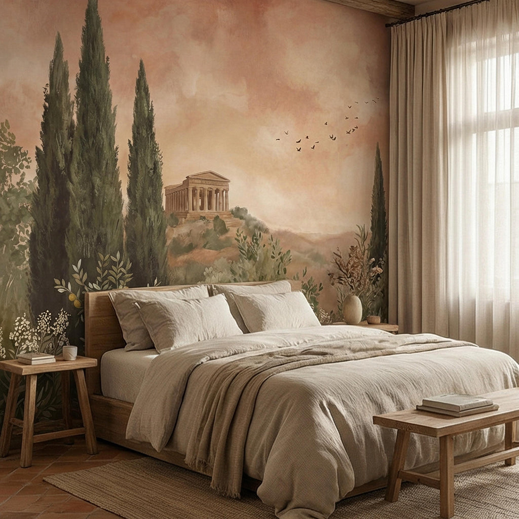 Mediterranean Peel and Stick Wall Mural, Tuscan Cypress Landscape, Italian Temple Scenic, Warm Neutral Nature Wallpaper