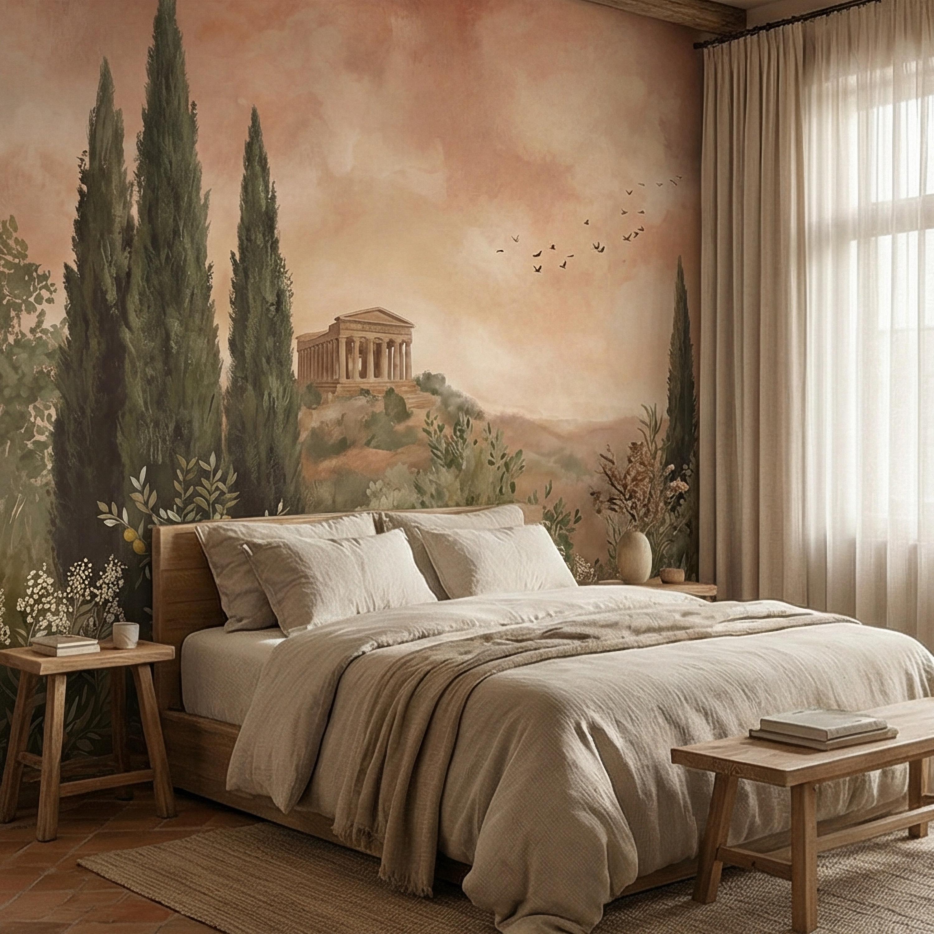 Mediterranean Peel and Stick Wall Mural, Tuscan Cypress Landscape, Italian Temple Scenic, Warm Neutral Nature Wallpaper