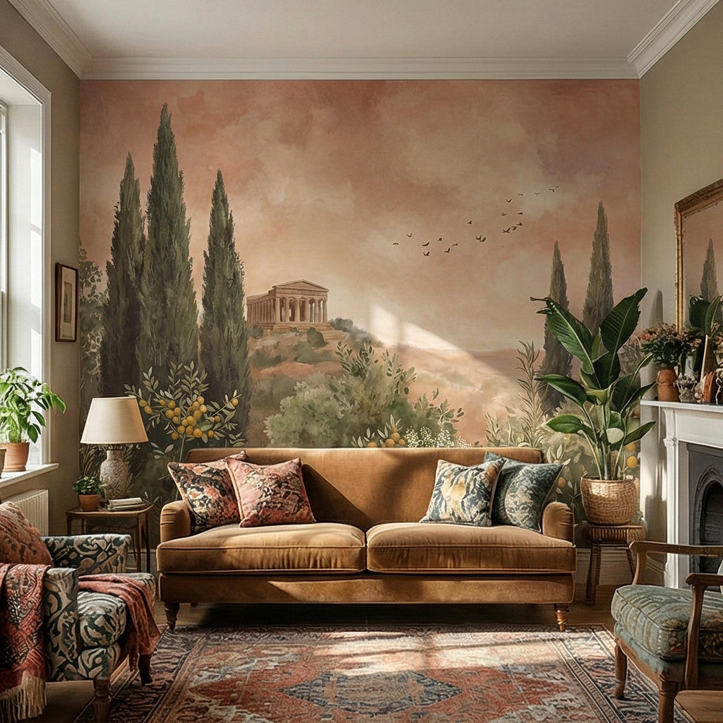 Mediterranean Peel and Stick Wall Mural, Tuscan Cypress Landscape, Italian Temple Scenic, Warm Neutral Nature Wallpaper