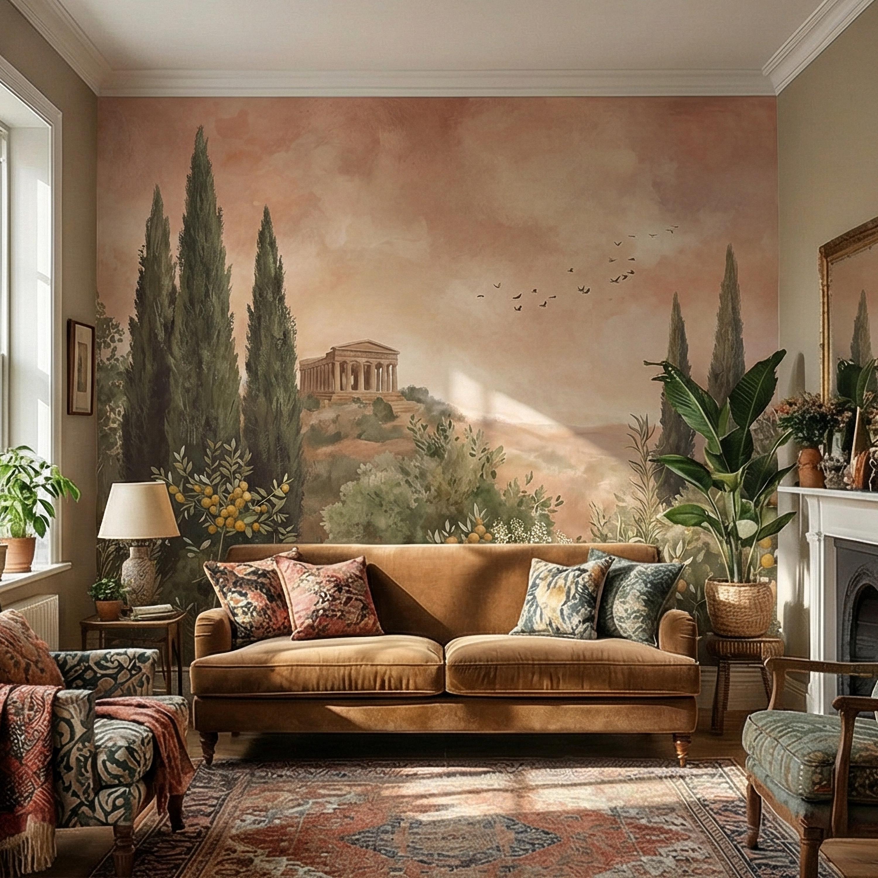 Mediterranean Peel and Stick Wall Mural, Tuscan Cypress Landscape, Italian Temple Scenic, Warm Neutral Nature Wallpaper