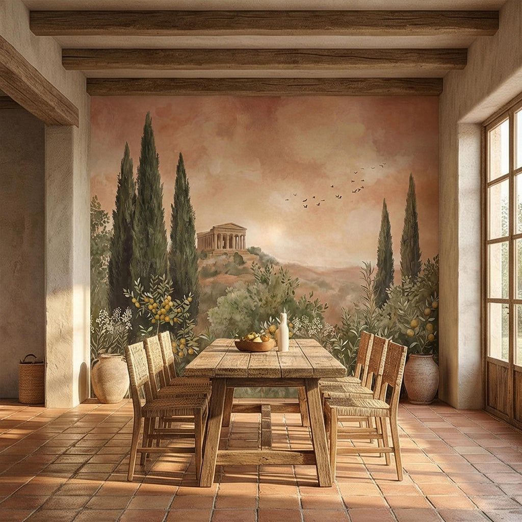 Mediterranean Peel and Stick Wall Mural, Tuscan Cypress Landscape, Italian Temple Scenic, Warm Neutral Nature Wallpaper