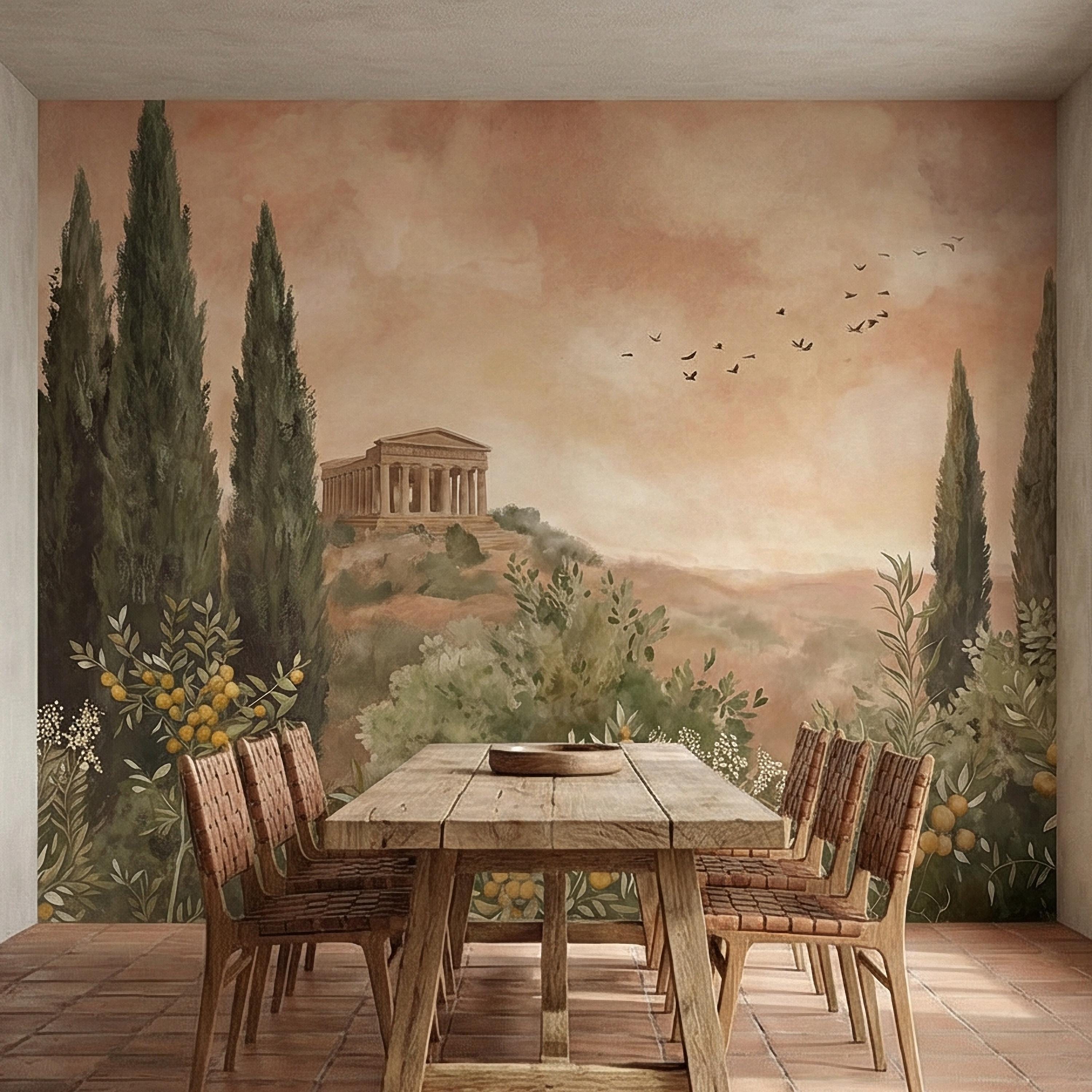 Mediterranean Peel and Stick Wall Mural, Tuscan Cypress Landscape, Italian Temple Scenic, Warm Neutral Nature Wallpaper