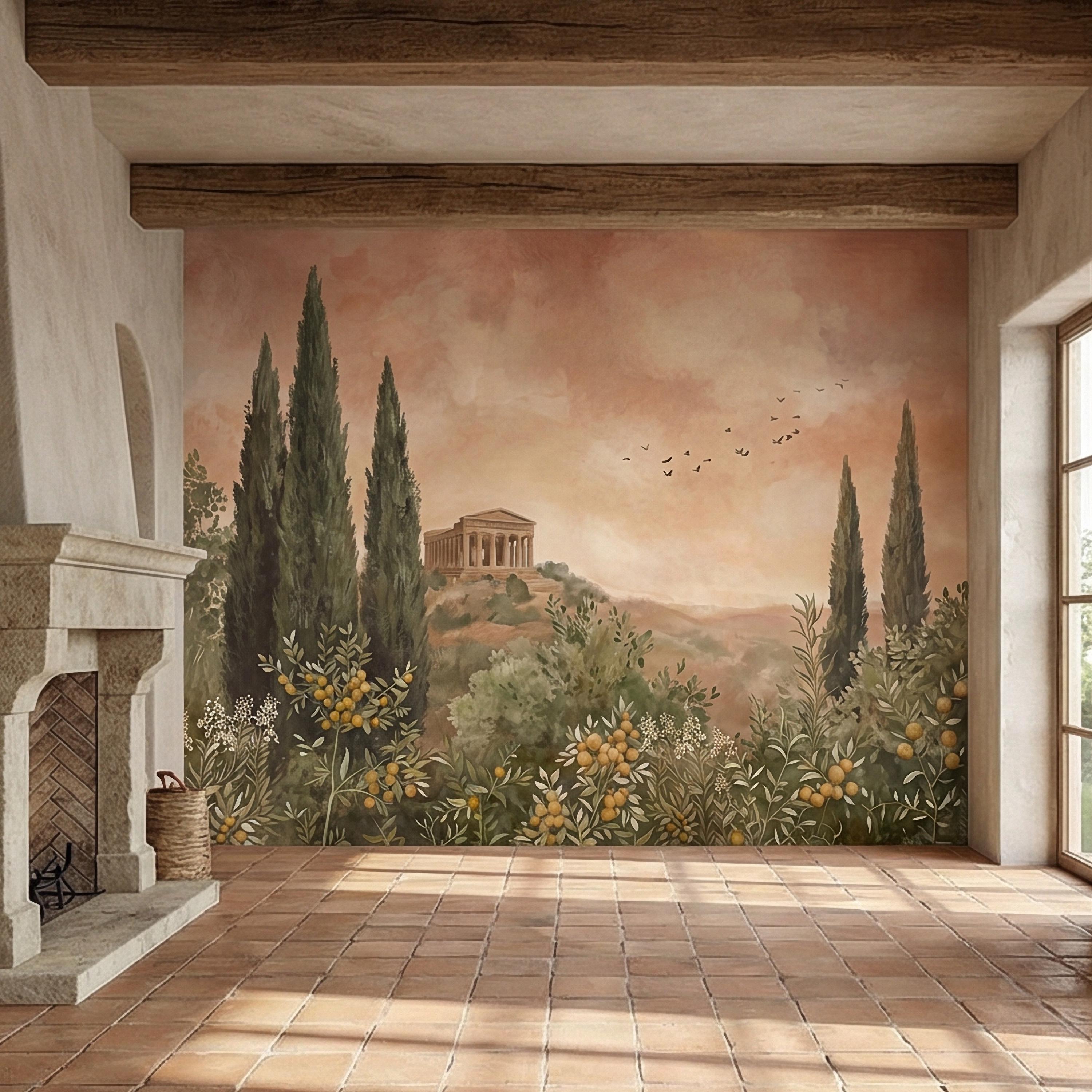 Mediterranean Peel and Stick Wall Mural, Tuscan Cypress Landscape, Italian Temple Scenic, Warm Neutral Nature Wallpaper