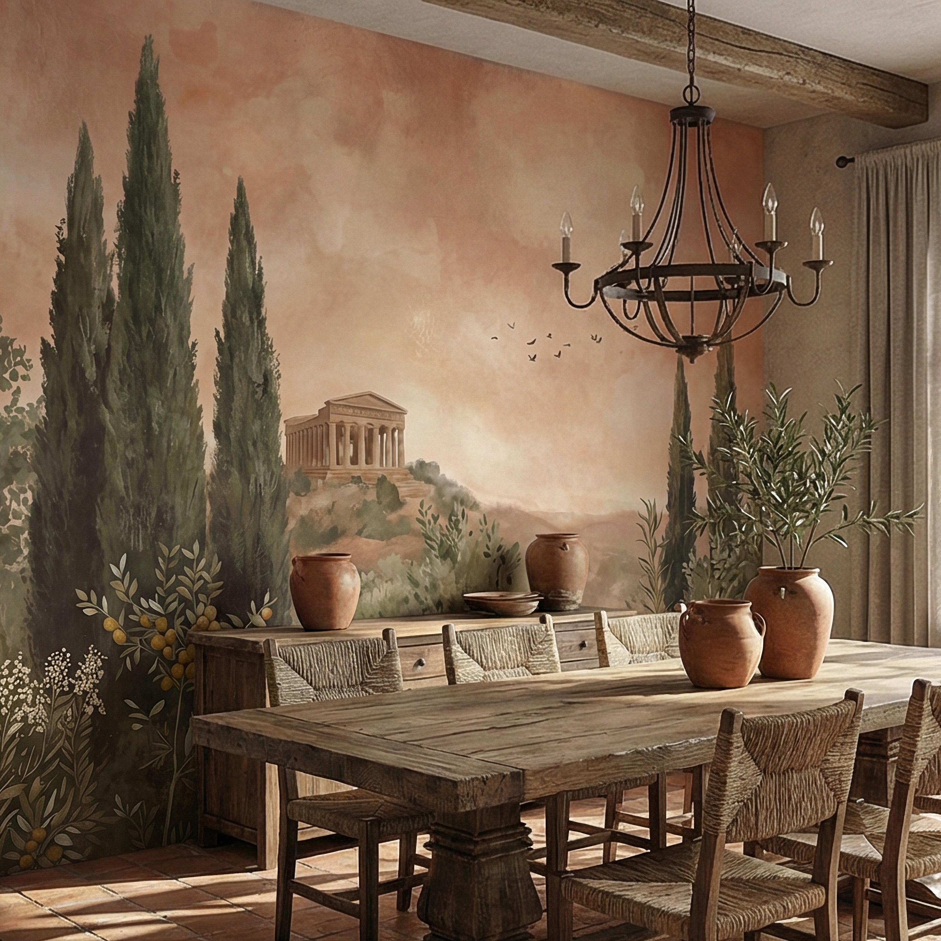 Mediterranean Peel and Stick Wall Mural, Tuscan Cypress Landscape, Italian Temple Scenic, Warm Neutral Nature Wallpaper