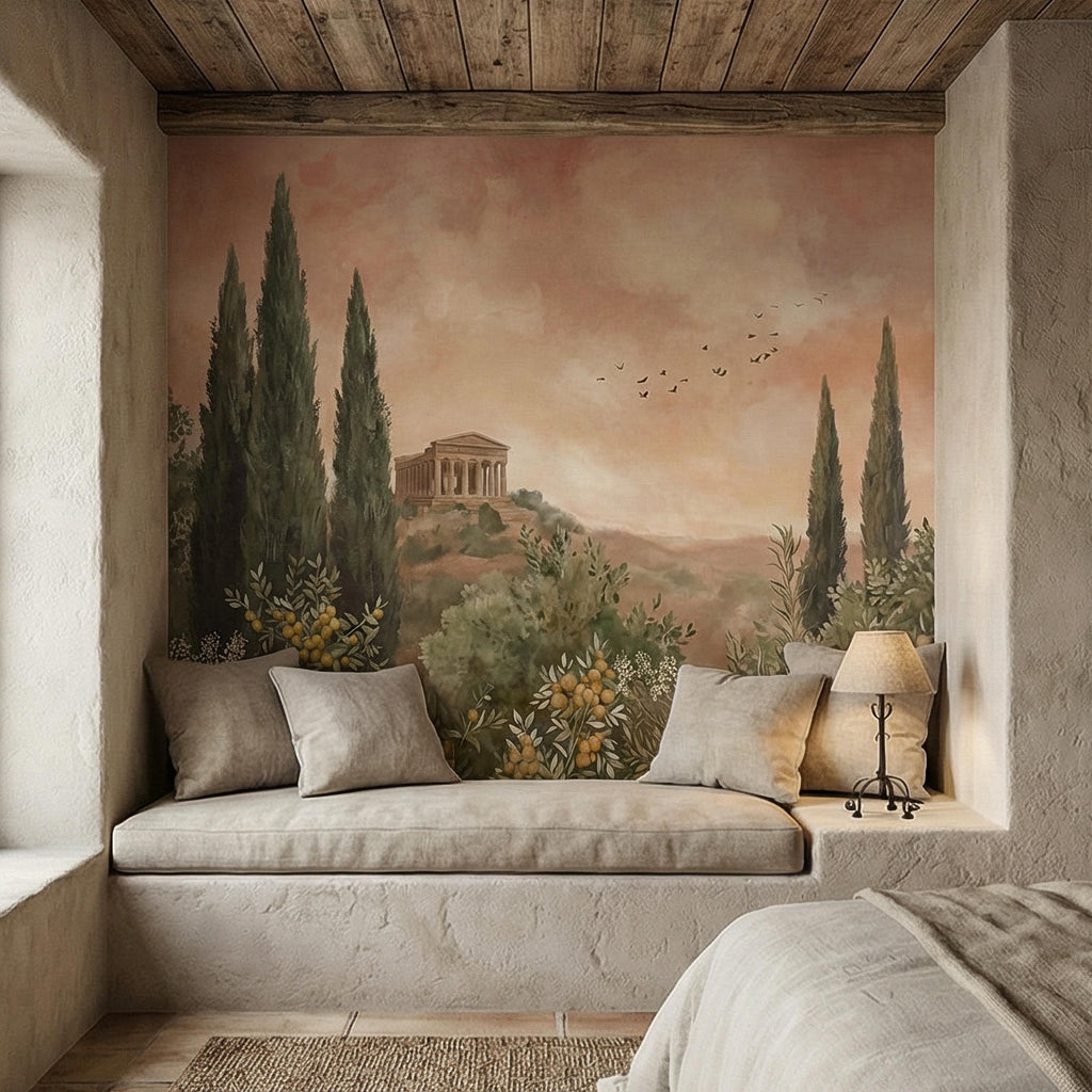 Mediterranean Peel and Stick Wall Mural, Tuscan Cypress Landscape, Italian Temple Scenic, Warm Neutral Nature Wallpaper