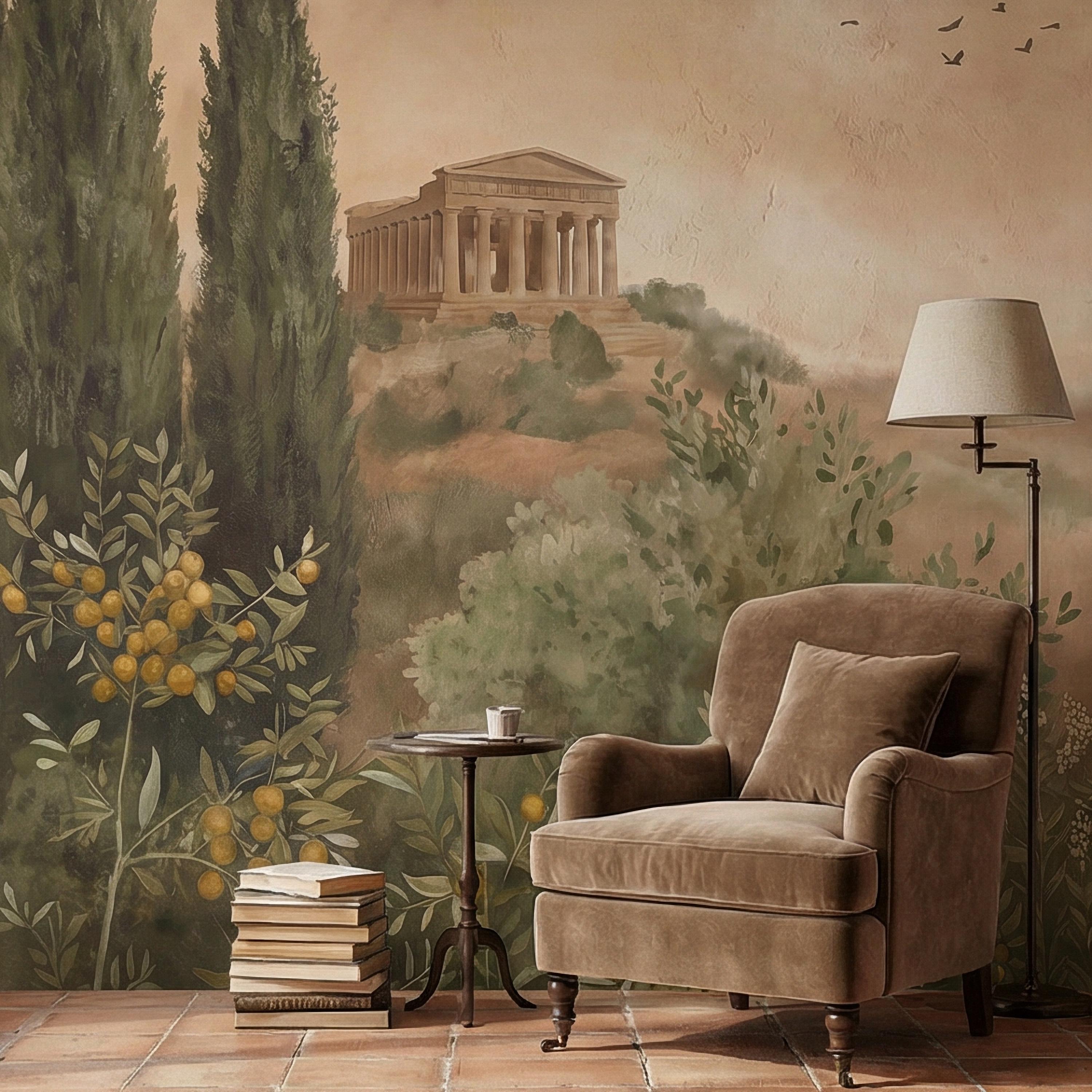 Mediterranean Peel and Stick Wall Mural, Tuscan Cypress Landscape, Italian Temple Scenic, Warm Neutral Nature Wallpaper