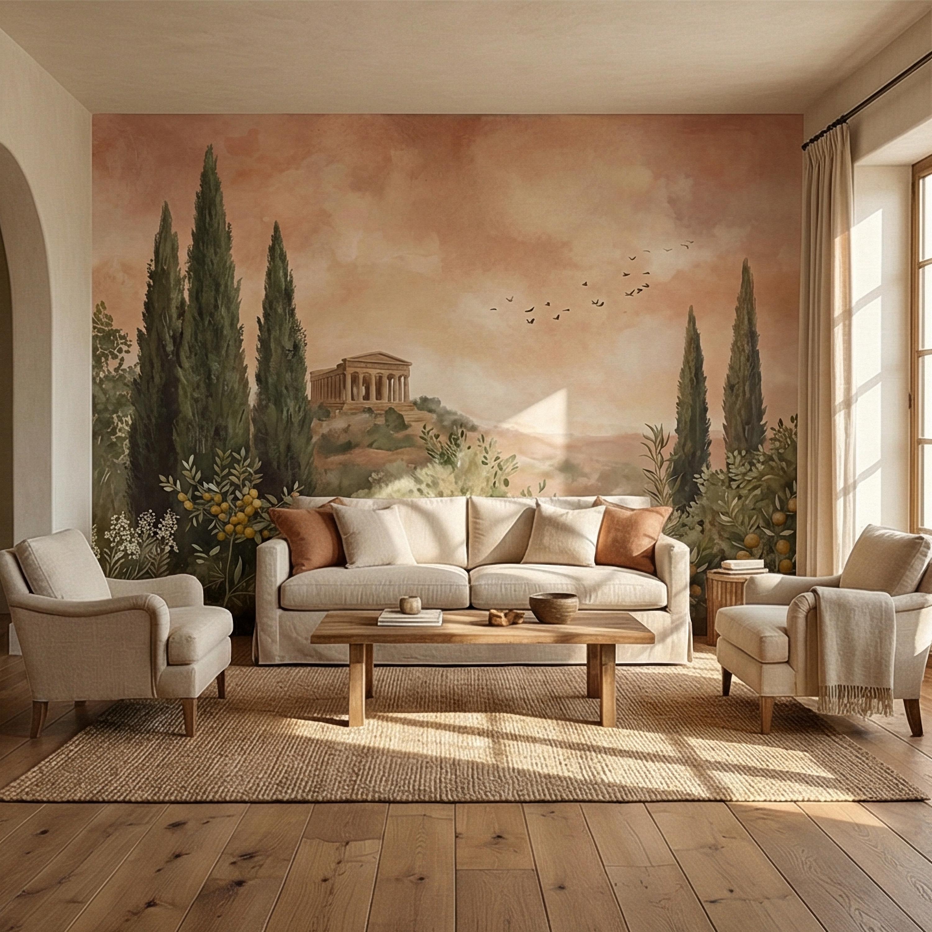 Mediterranean Peel and Stick Wall Mural, Tuscan Cypress Landscape, Italian Temple Scenic, Warm Neutral Nature Wallpaper