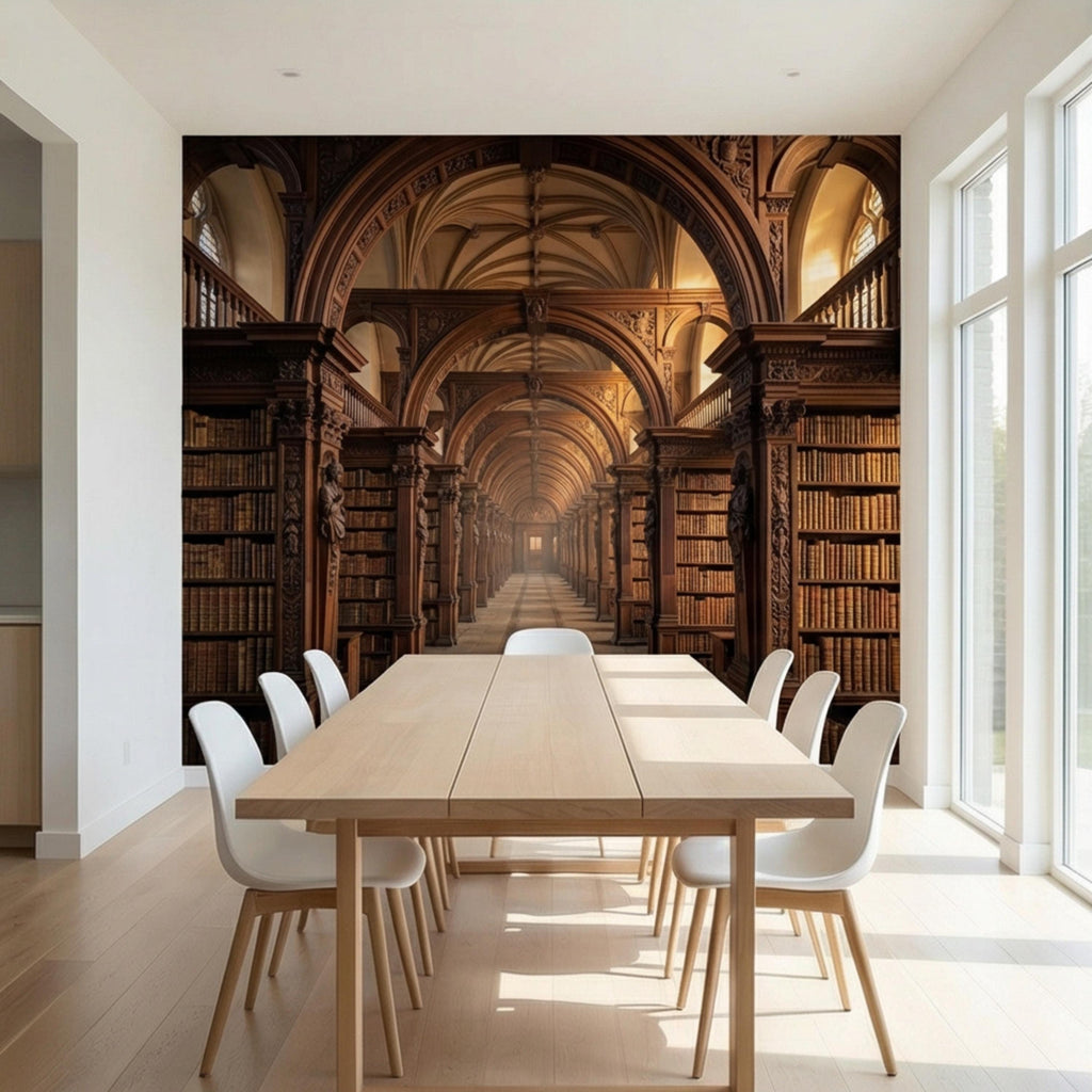 Grand Old World Library Peel and Stick Wall Mural, European Dark Academia Library Wallpaper