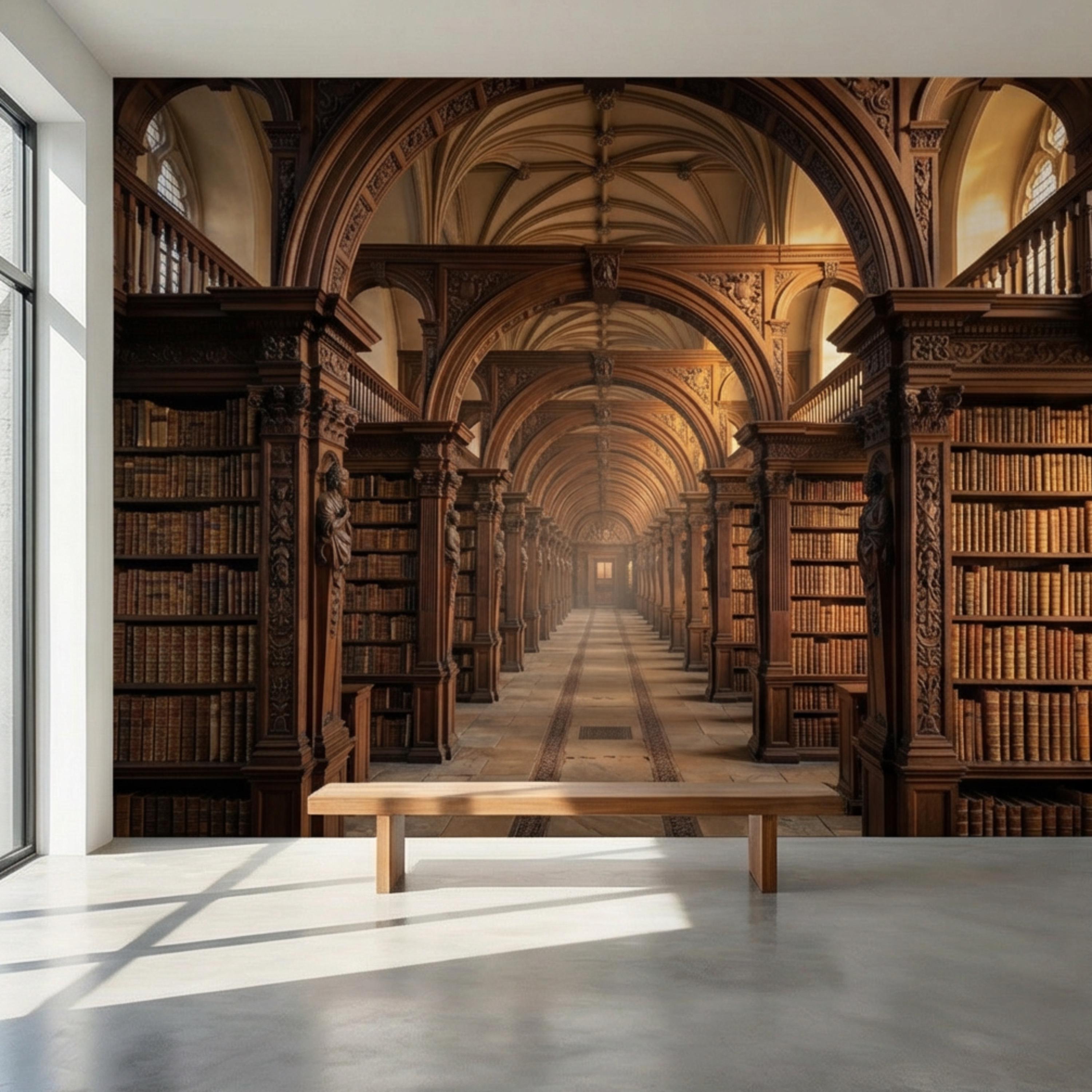 Grand Old World Library Peel and Stick Wall Mural, European Dark Academia Library Wallpaper