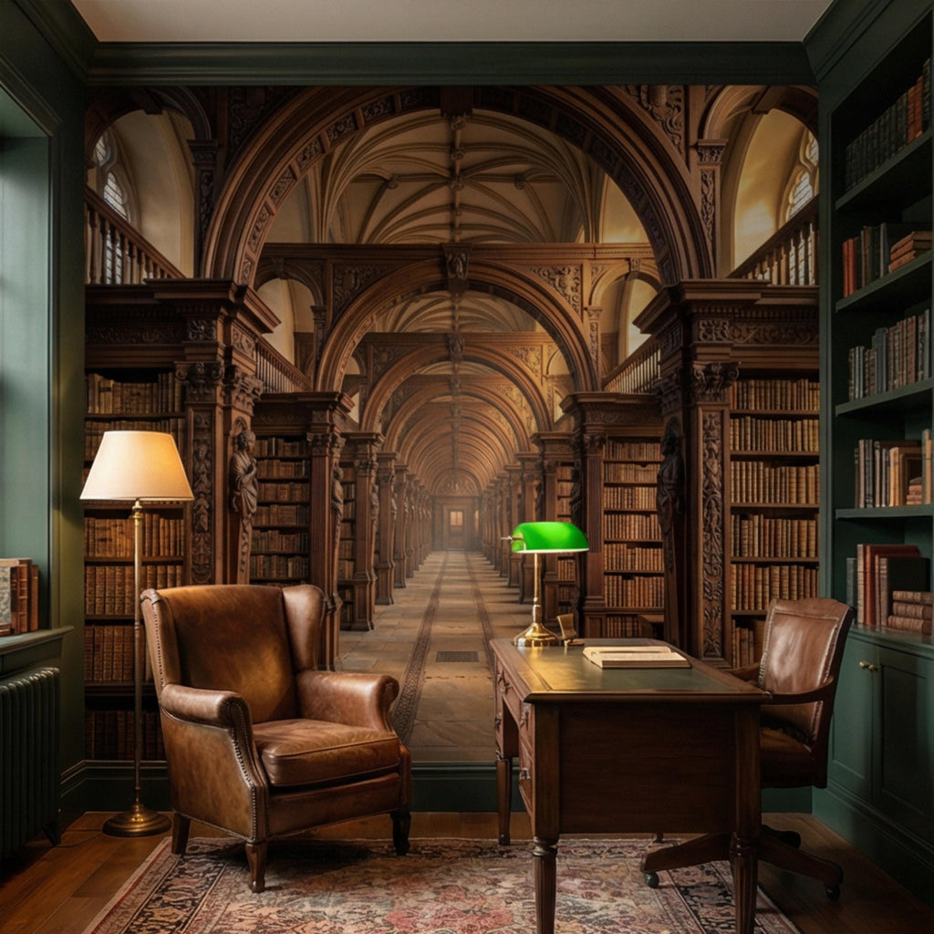Grand Old World Library Peel and Stick Wall Mural, European Dark Academia Library Wallpaper