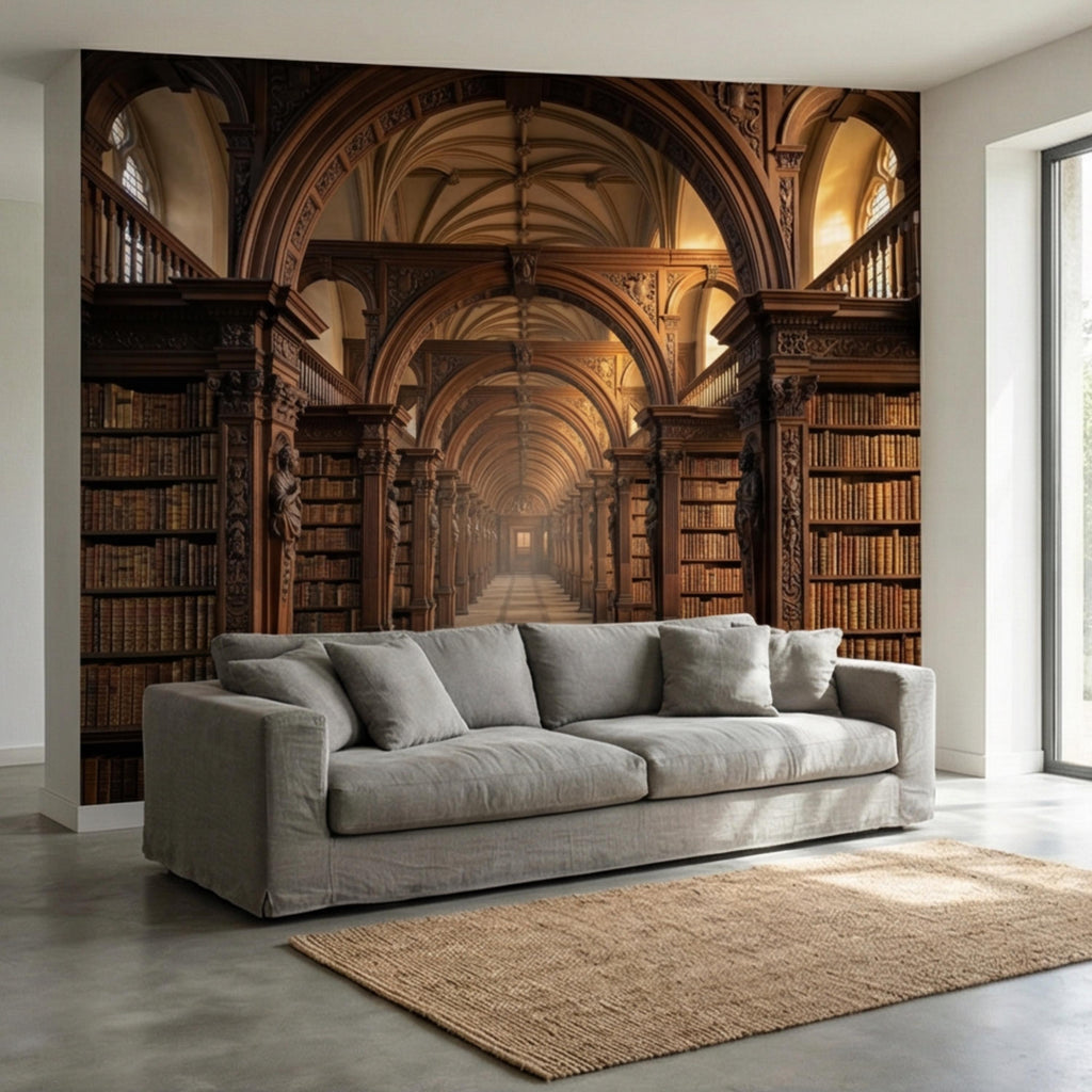 Grand Old World Library Peel and Stick Wall Mural, European Dark Academia Library Wallpaper