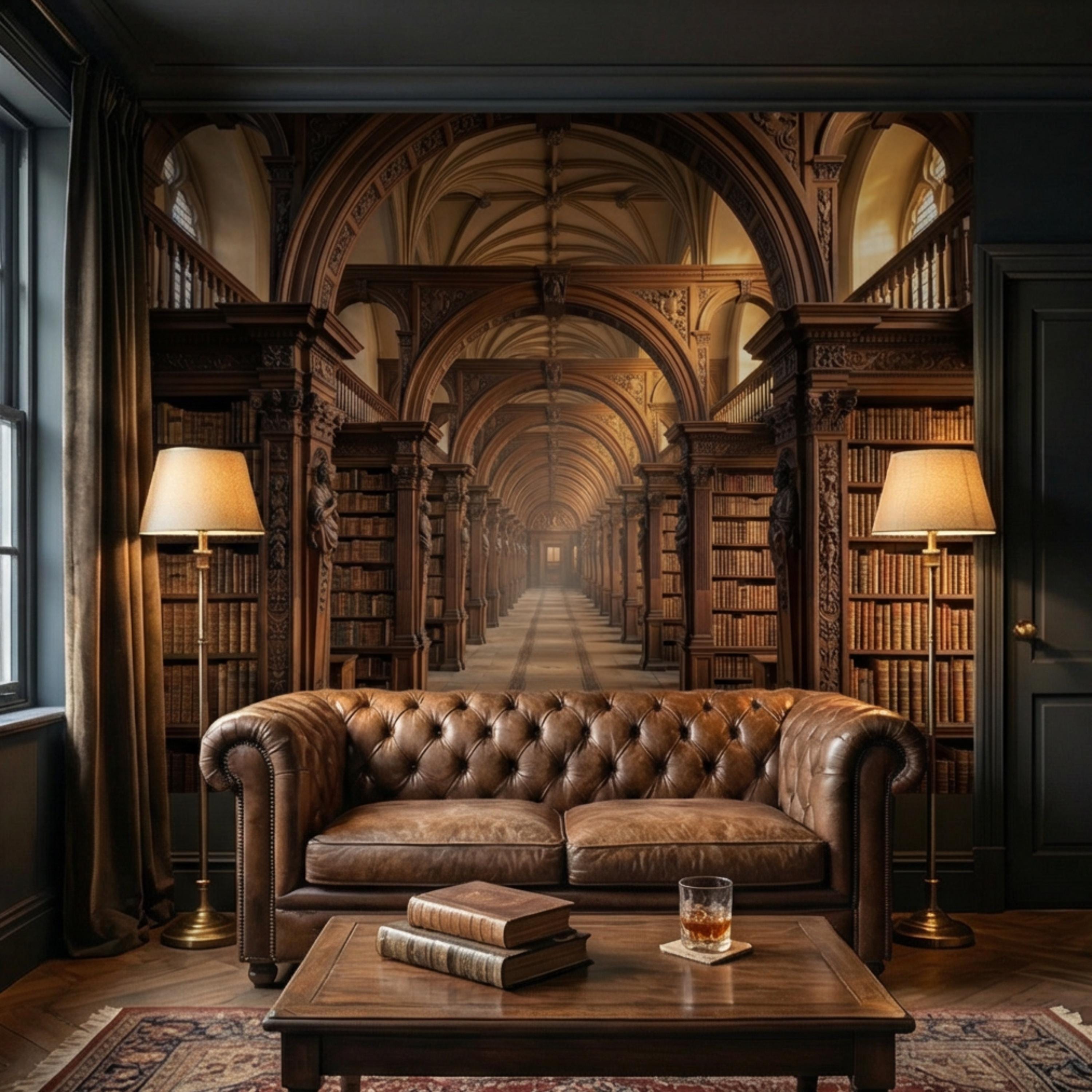 Grand Old World Library Peel and Stick Wall Mural, European Dark Academia Library Wallpaper