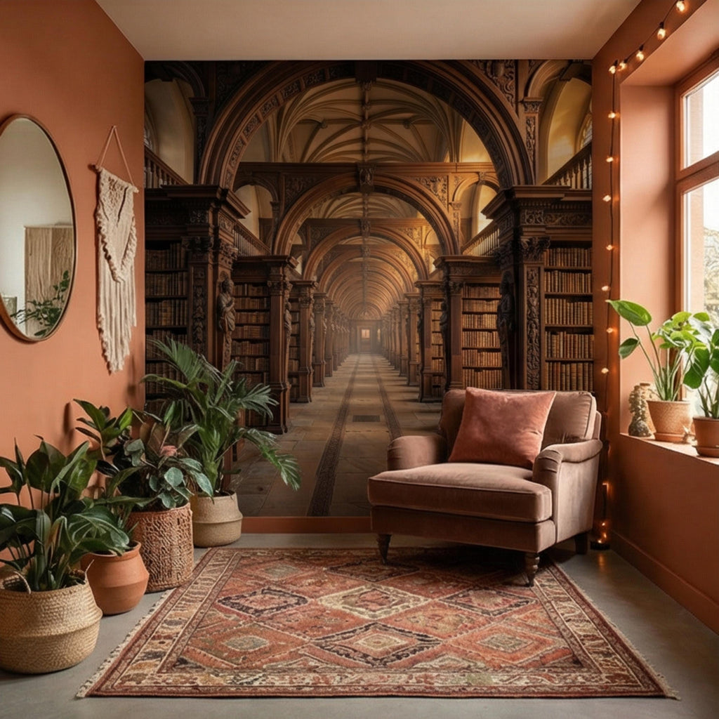 Grand Old World Library Peel and Stick Wall Mural, European Dark Academia Library Wallpaper