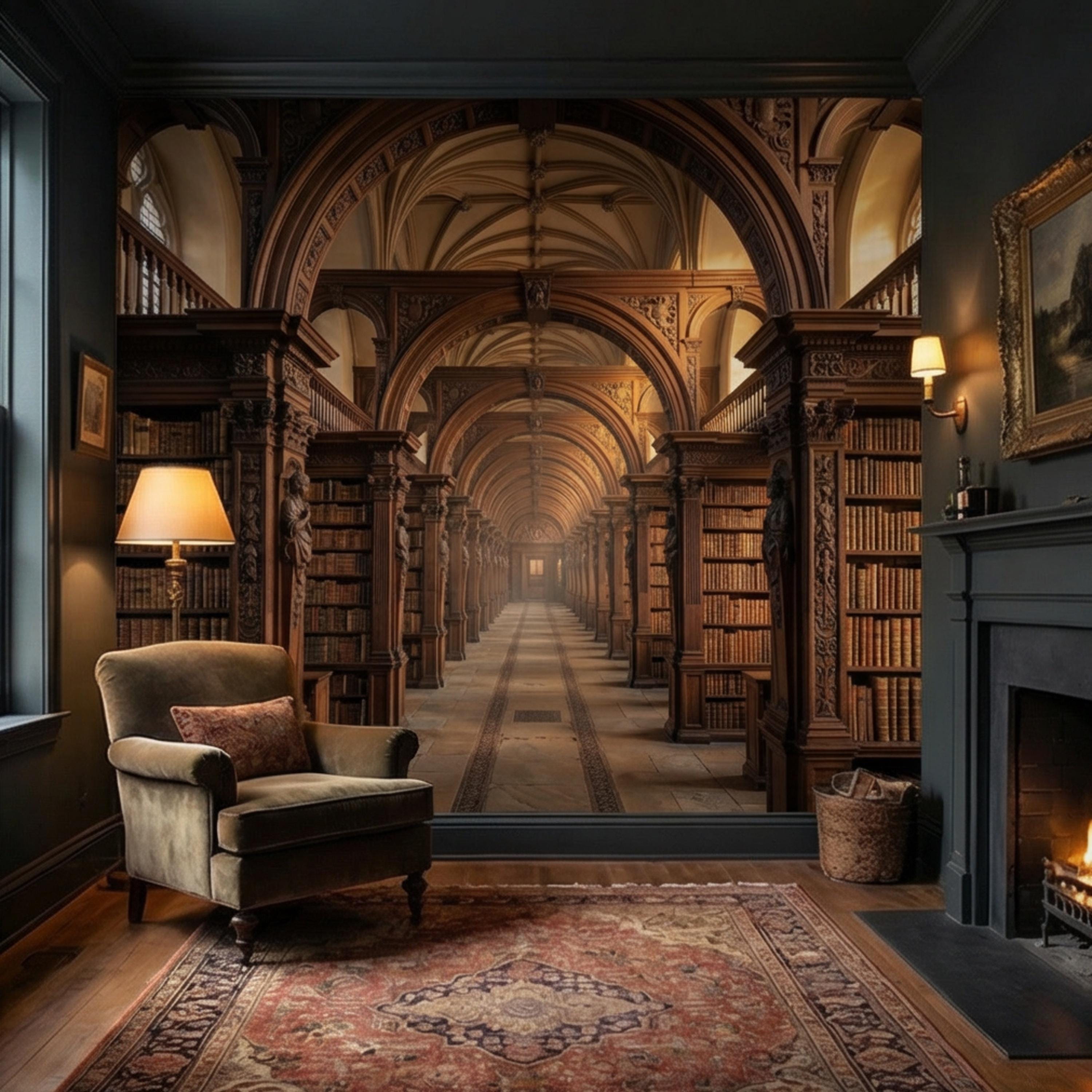 Grand Old World Library Peel and Stick Wall Mural, European Dark Academia Library Wallpaper